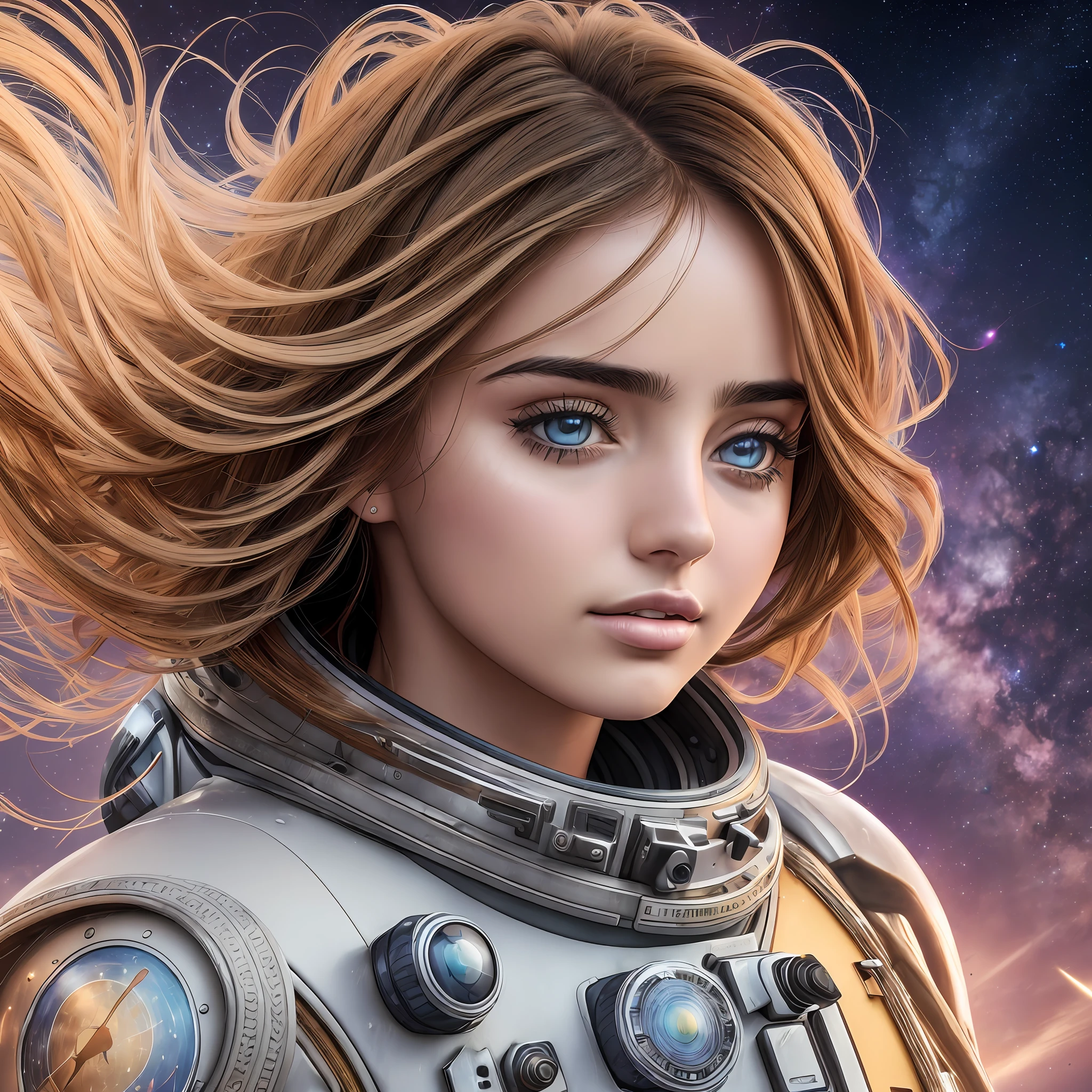 (Digital Work:1.3) by (marijameglaj:1.1), Brazilian face, hair in the wind, detailed eyes, Ana de Armas, spacesuit, space background, nikon d850, f1.6 lens, rich colors, hyper-realistic, realistic texture, dramatic lighting, unreal mechanism, trend in artstation --auto --s2