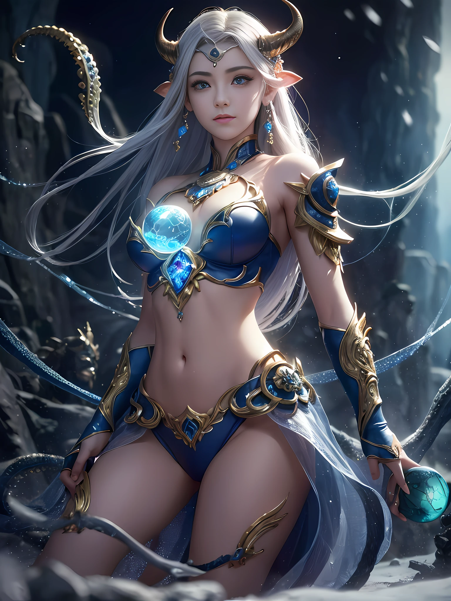 glowing eyes, (Zendra, Mandala, Tangled, Tangled), (1 girl: 1.3), Cowboy shot, from below, {Best Quality}, {{Masterpiece}}, {High Resolution}, Original, Extremely Detailed 8K Wallpaper, {Extremely Delicate Beauty}, Ancient Dark Style, White Hair, Evil Smile, Heterochromatic Blue Eyes, Serious, Mecha Battle Suit, Holding a Crystal Ball, (((((Masterpiece))), (Best Quality))), (Ultra Detailed)), (Illustration), (Detailed Light), ((extremely delicate and beautiful)), dramatic_shadow, ray_tracing, shiny skin, room, muscular female, abs, mountain, snow, sitting on a throne, cute face, golden decoration, beautiful female, open legs, ((masterpiece)), ((best quality)), ((official art)), (very detailed CG Unity 8k wallpaper), ((very detailed)), ((illustration)), {{realistic}}, ocean cave, Cthulhu, Octopus, black wings, chest, muscles, horns, gulo, darkness, night, bust, monster, blue eyes, open mouth, big eyes,