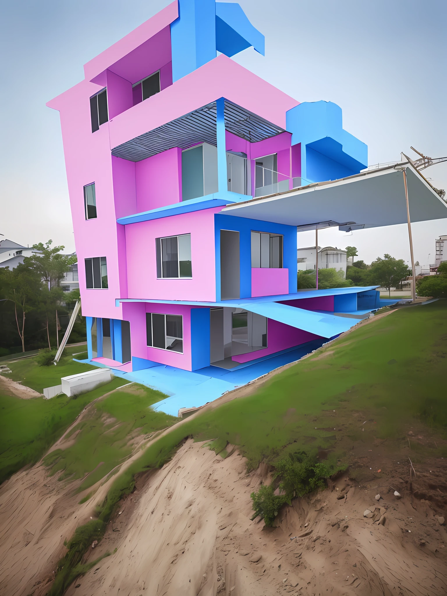 there is a blue and pink house that is under construction, front side view, front side, building facing, front-view, front side full, front view, ground level view, complete house, arhitectural shot, view from ground level, photo taken from far, side view, picture taken from the ground, fully built buildings, very very low quality picture