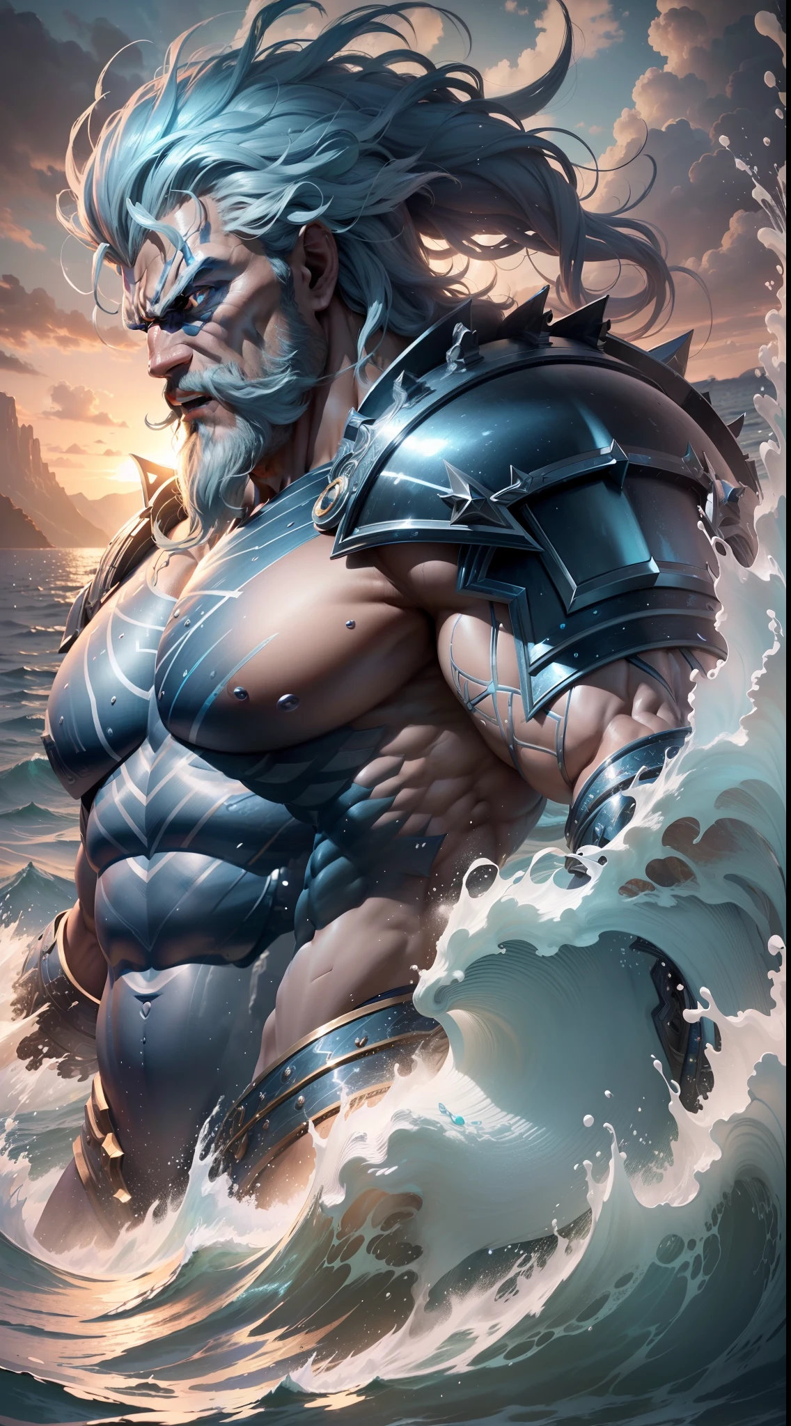 (extremely detailed CG unity 8k wallpaper, masterpiece, best quality, ultra-detailed), best lighting, best shadow (very strong, giant, muscular God Poseidon wearing light and dark blue armor), fierce, wild expression, coming out of the ocean, gushing water, volumetric lighting.