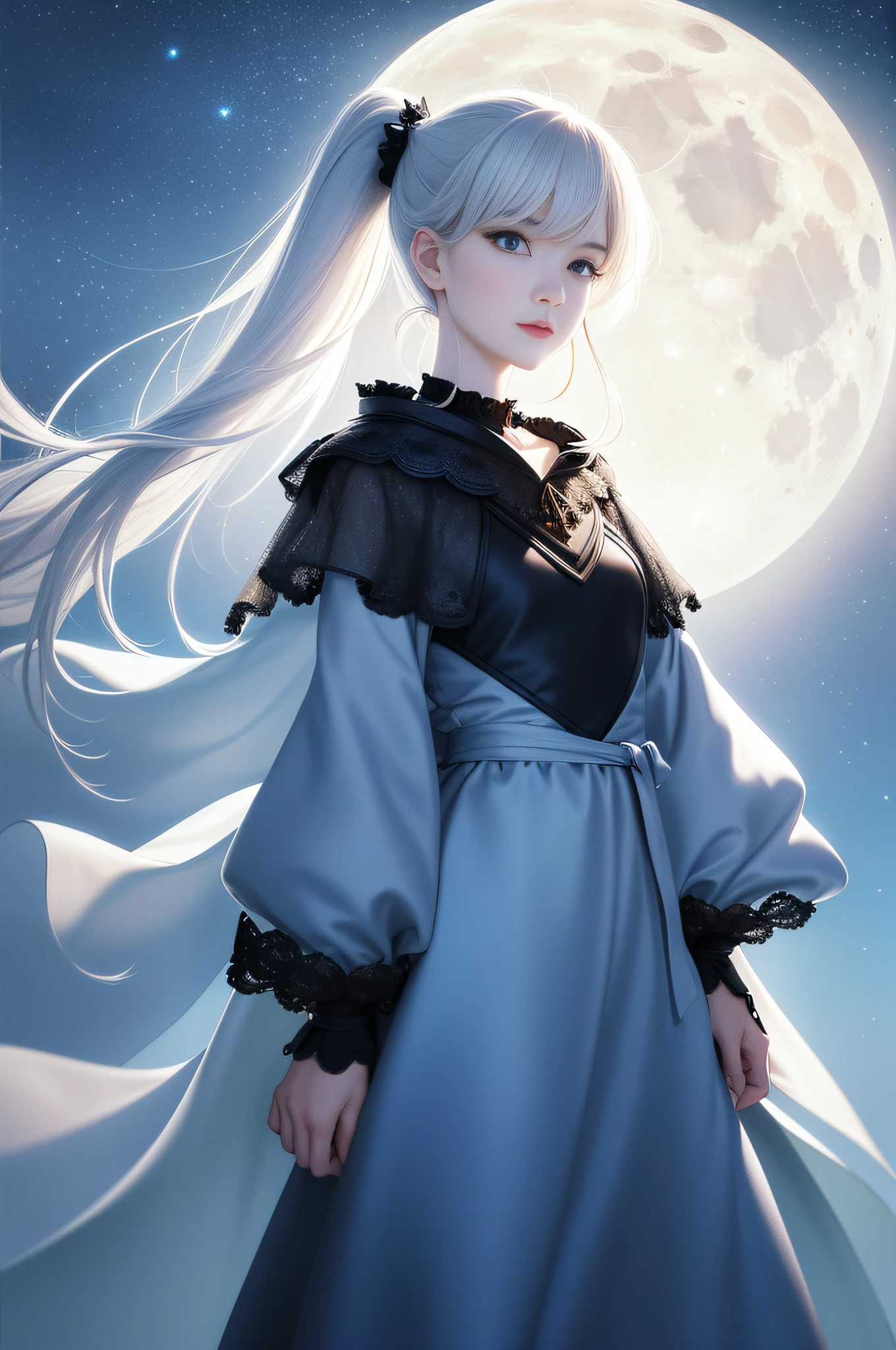 Masterpiece, (Best Quality: 1.2), (Super Fine: 1.2), Illustration, (Extremely Delicate and Beautiful: 1.2), Film Angle, Floating, (Beautiful Detail Eye: 1.1), (Detail Light: 1.1), Film Lights, Delicate Sky, Woman, White Hair, Blue Eyes, (High Ponytail: 1.1), Cloak, Glowing Eyes, (Moon: 1.2), (Moonlight: 1.1), Starry Sky, (Light Particles: 1.1), Fog , snow painting, sketching, blooming