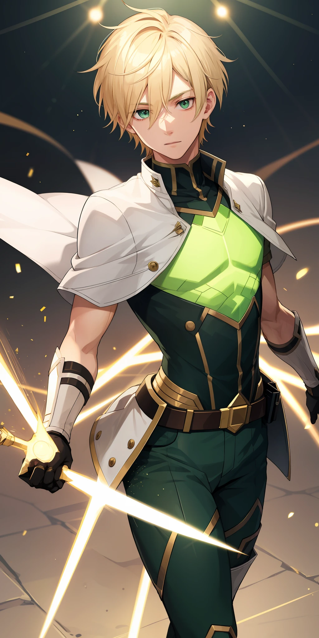1Boy, has short blond hair, has sharp green eyes, give accurate facial features, give accurate hands, accurate legs, HD , thighs appears , has a light ability , he can control lights , he has the power of light