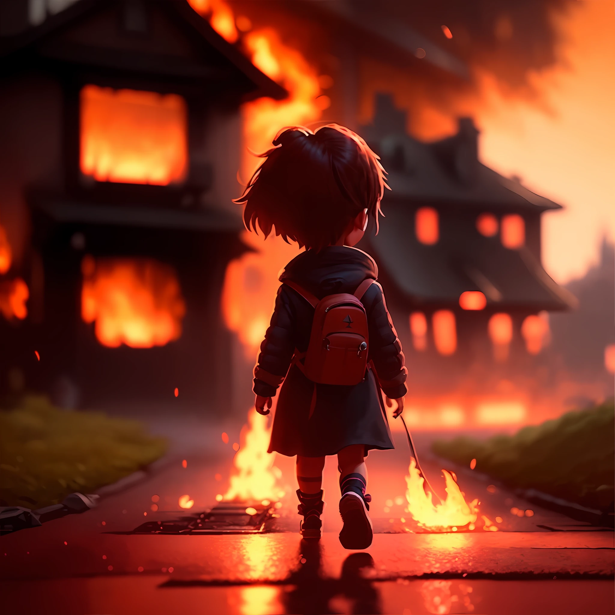 arafed image of a little girl walking down a street with a backpack and a fire, 3 d epic illustrations, childrens art in artstation, stunning digital illustration, cinematic matte illustration, epic digital art illustration, andreas rocha style, inspired by Andreas Rocha, emotional concept art, cute detailed digital art, beautiful digital artwork, inspired by Goro Fujita