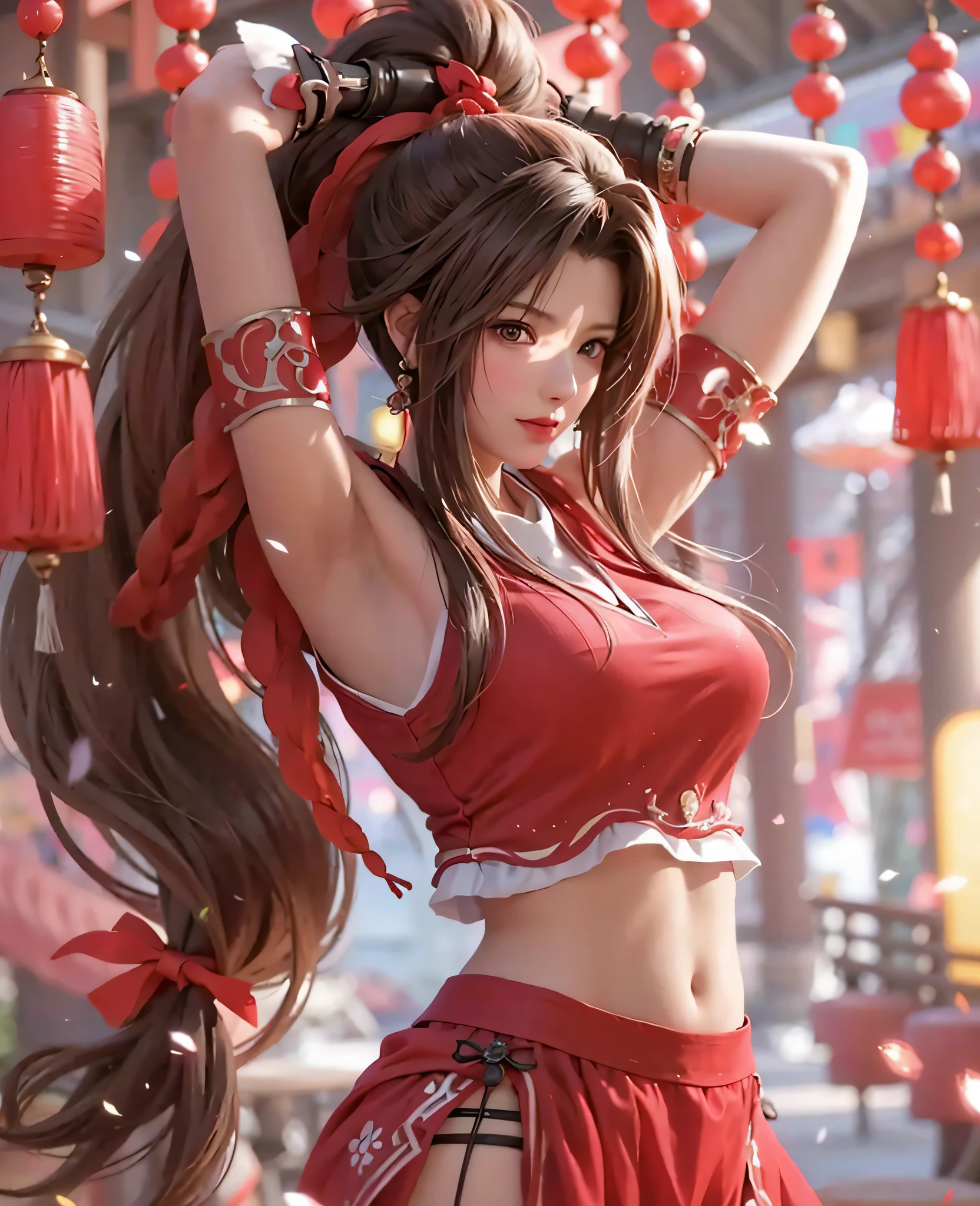 a woman in a red outfit is posing for a picture, mai shiranui, trending on cgstation, beautiful alluring anime woman, tifa, by Yang J, extremely detailed artgerm, tifa lockhart, beautiful digital artwork, bian lian, seductive tifa lockhart portrait, seductive anime girl, artgerm and ruan jia
