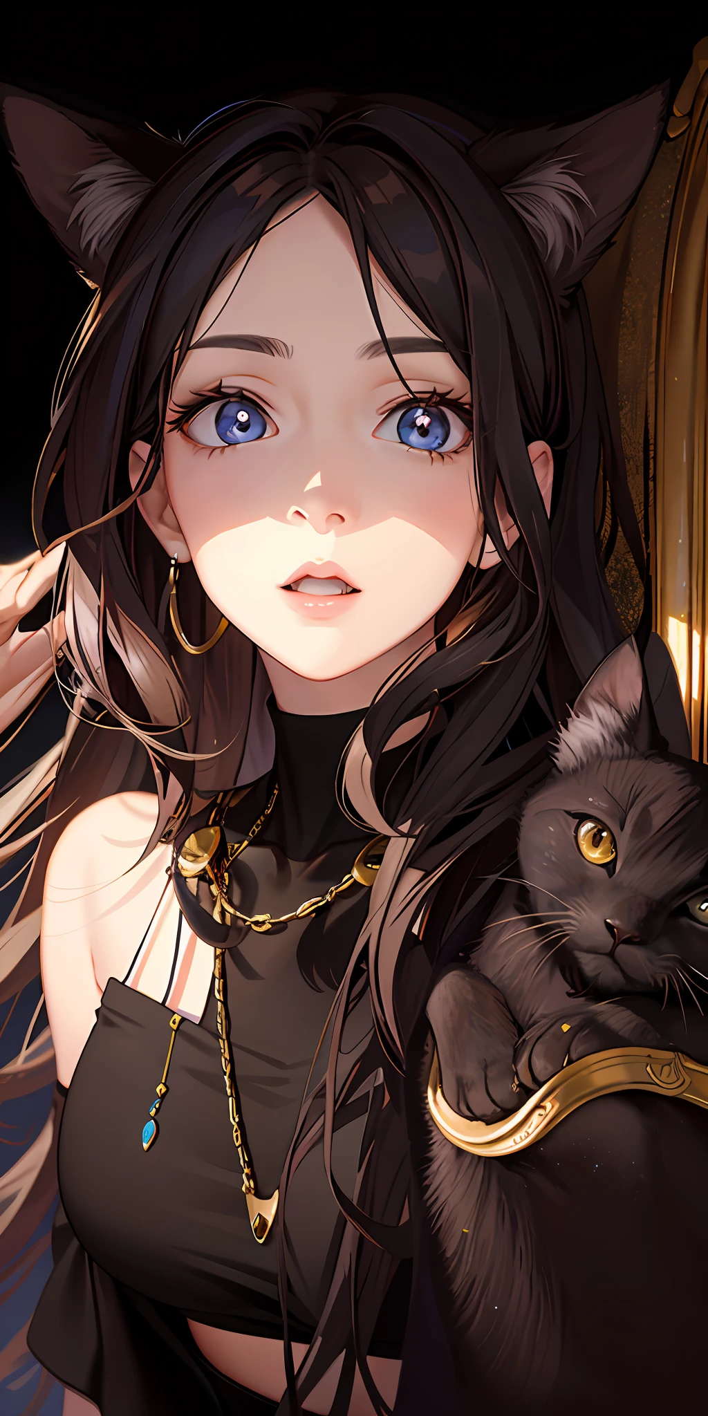A puppet cat leans next to the girl