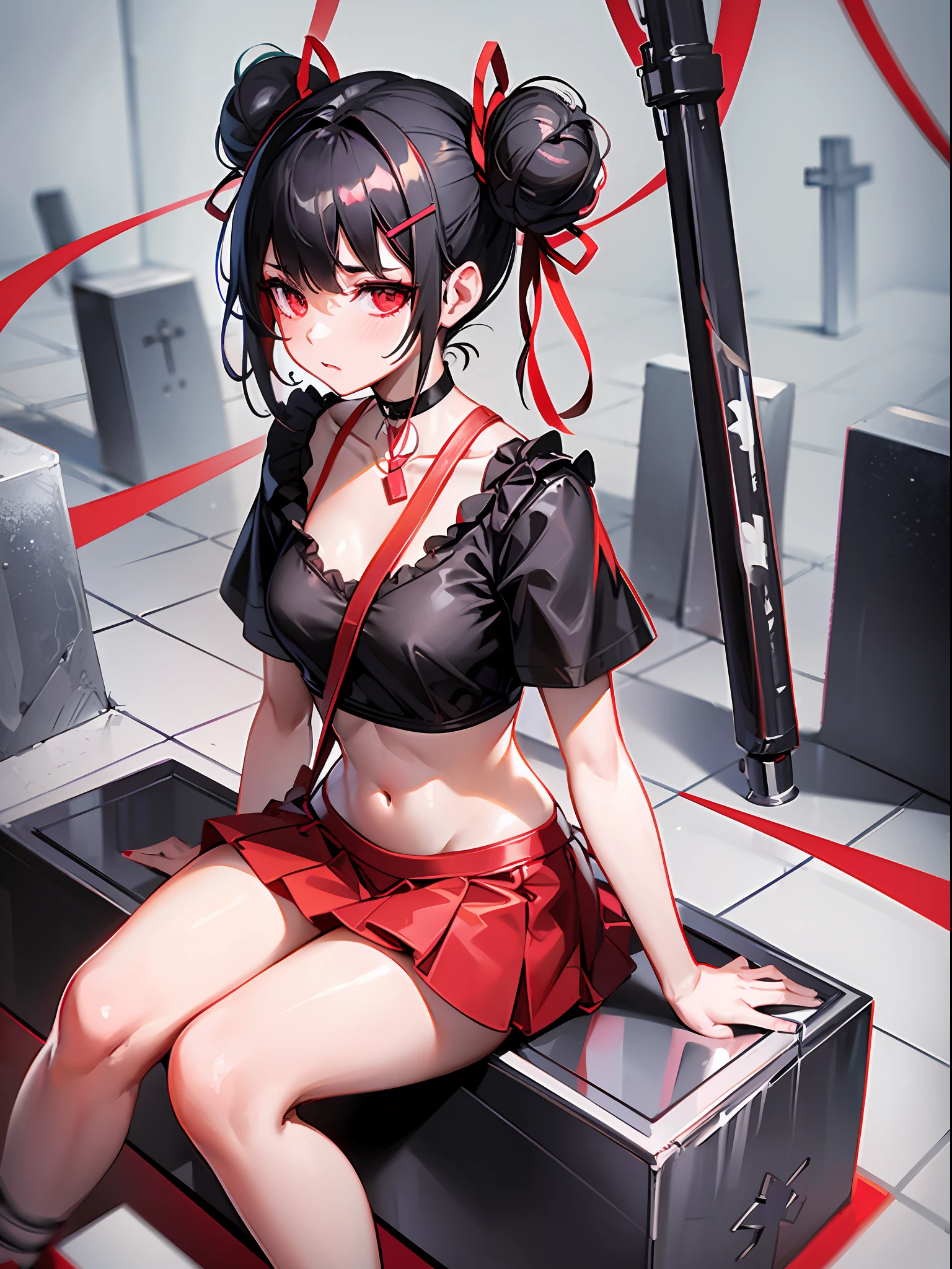 Black hair with bun hair ribbon, red choker, white shirt, red one-piece miniskirt, red ankle choker, red pumps, loli, small breasts, cemetery