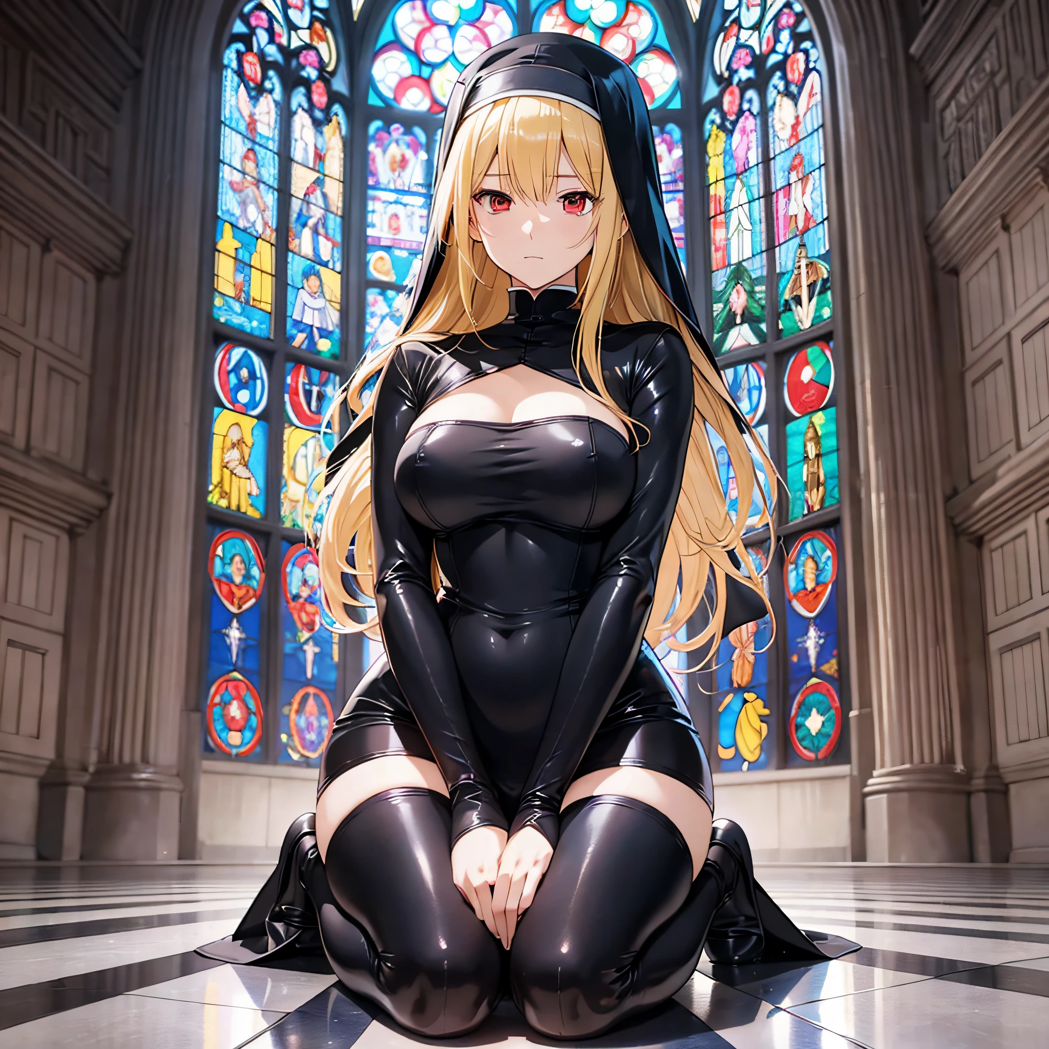 High quality, anime style, blonde hair, red eyes, kneeling position, church, shiny eyes, black silk, tight nun outfit, expressionless, closed mouth, prayer, bangs, five fingers of one hand --auto --s2