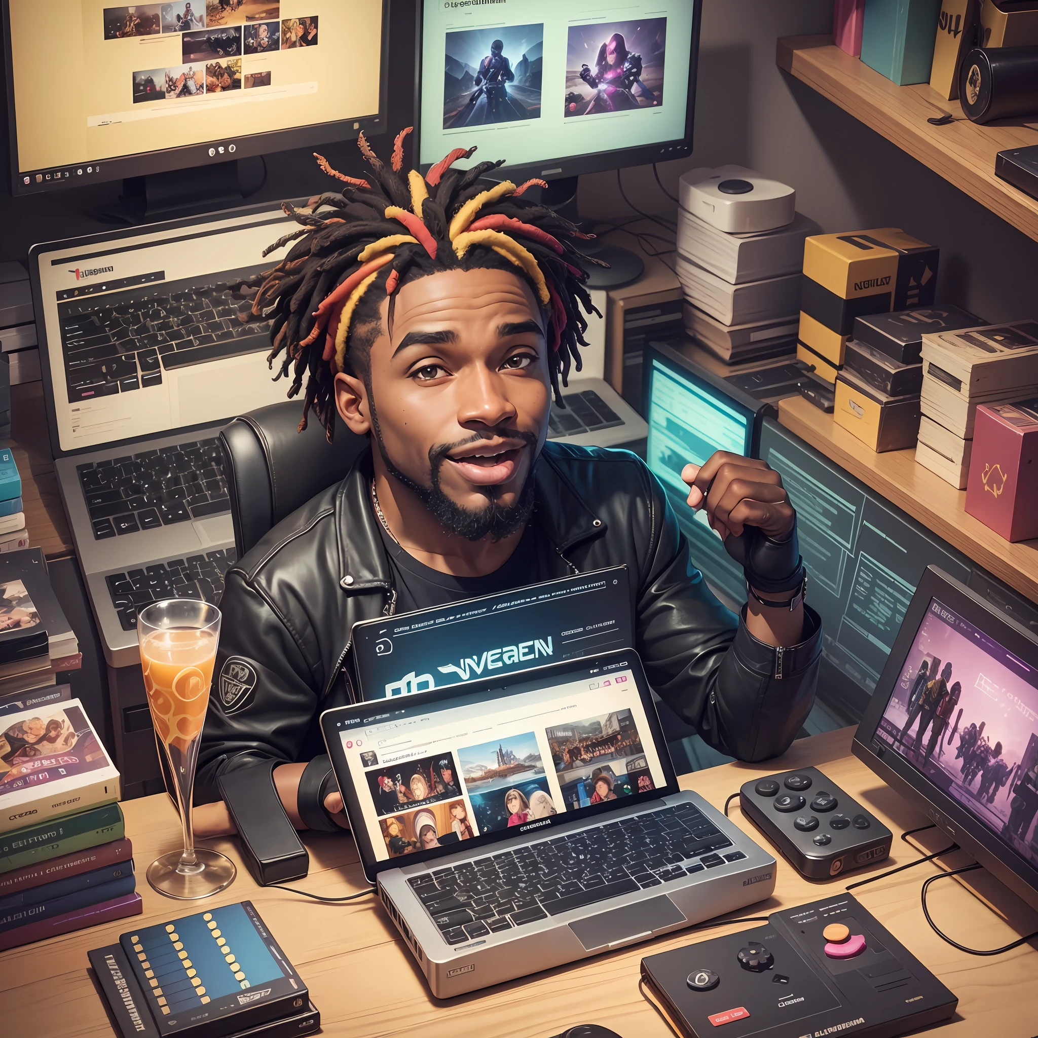 I would like you to create an image for my Twitch channel called EugenioFerreiraTV. As an important detail, I am a black man streamer. My channel focuses on live gameplay, reactions, and humor. I want the image to convey a fun, joyful, and relaxed atmosphere that reflects my comedic style. Please incorporate game-related elements such as a game controller, popular game icons, or amusing characters. It's crucial to capture the interactive nature of my live streams, so if possible, add speech bubbles or reaction icons. The channel name, 'EugenioFerreiraTV', should be prominently featured in an attractive and legible manner. Feel free to use vibrant colors, embrace a cartoonish style, or explore any other aesthetic that enhances the overall concept of the image. Thank you, BlueWillow! I look forward to seeing your creative interpretation --auto --s2