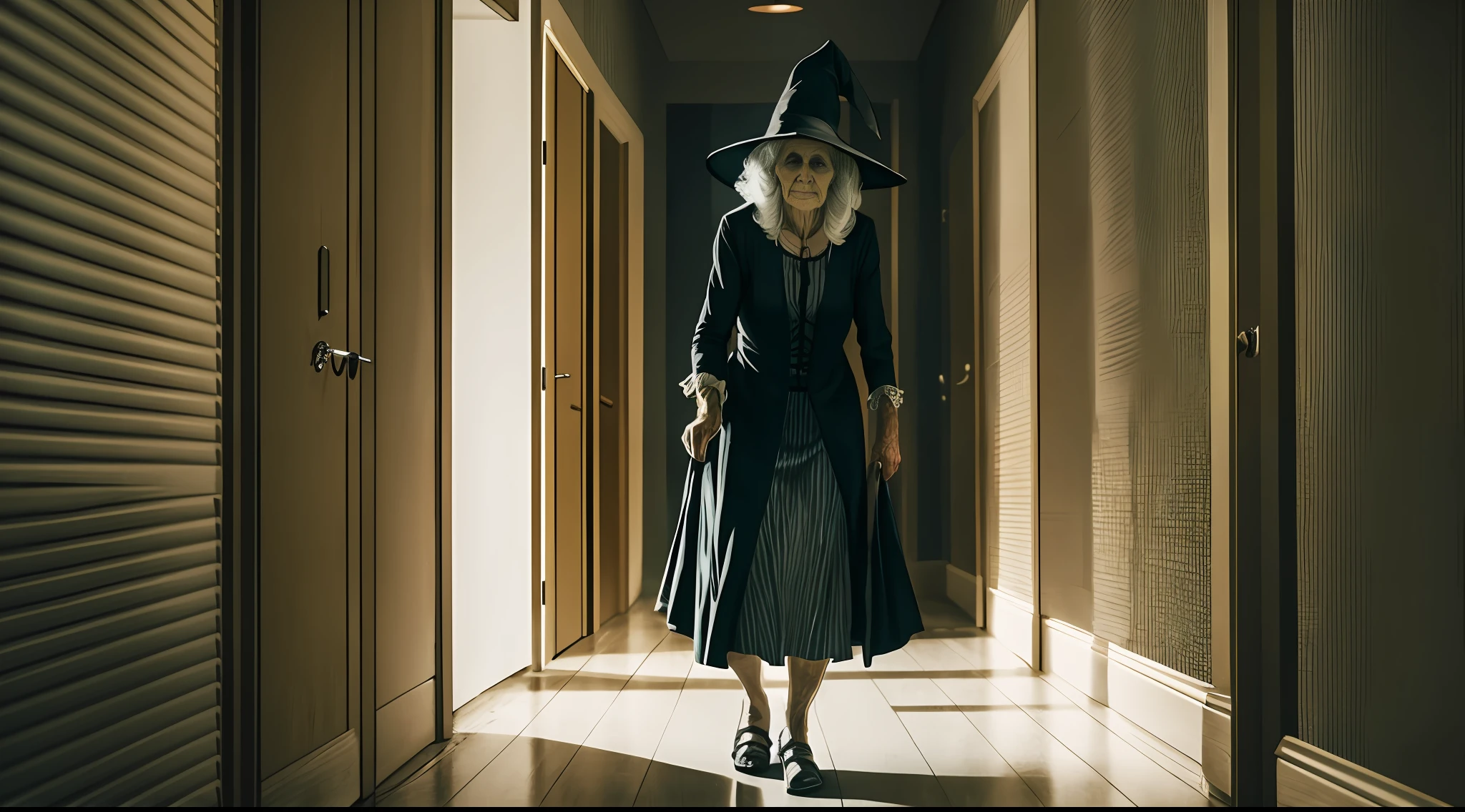 a strange old witch in the hallway, her feet do not touch the scary, night quality image