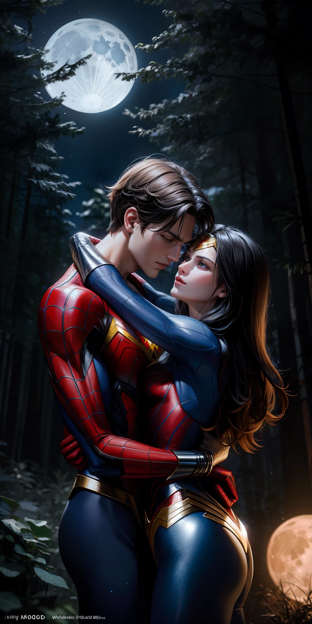 Spider man hugging wonder woman, realistic, in the forest,night, moon,