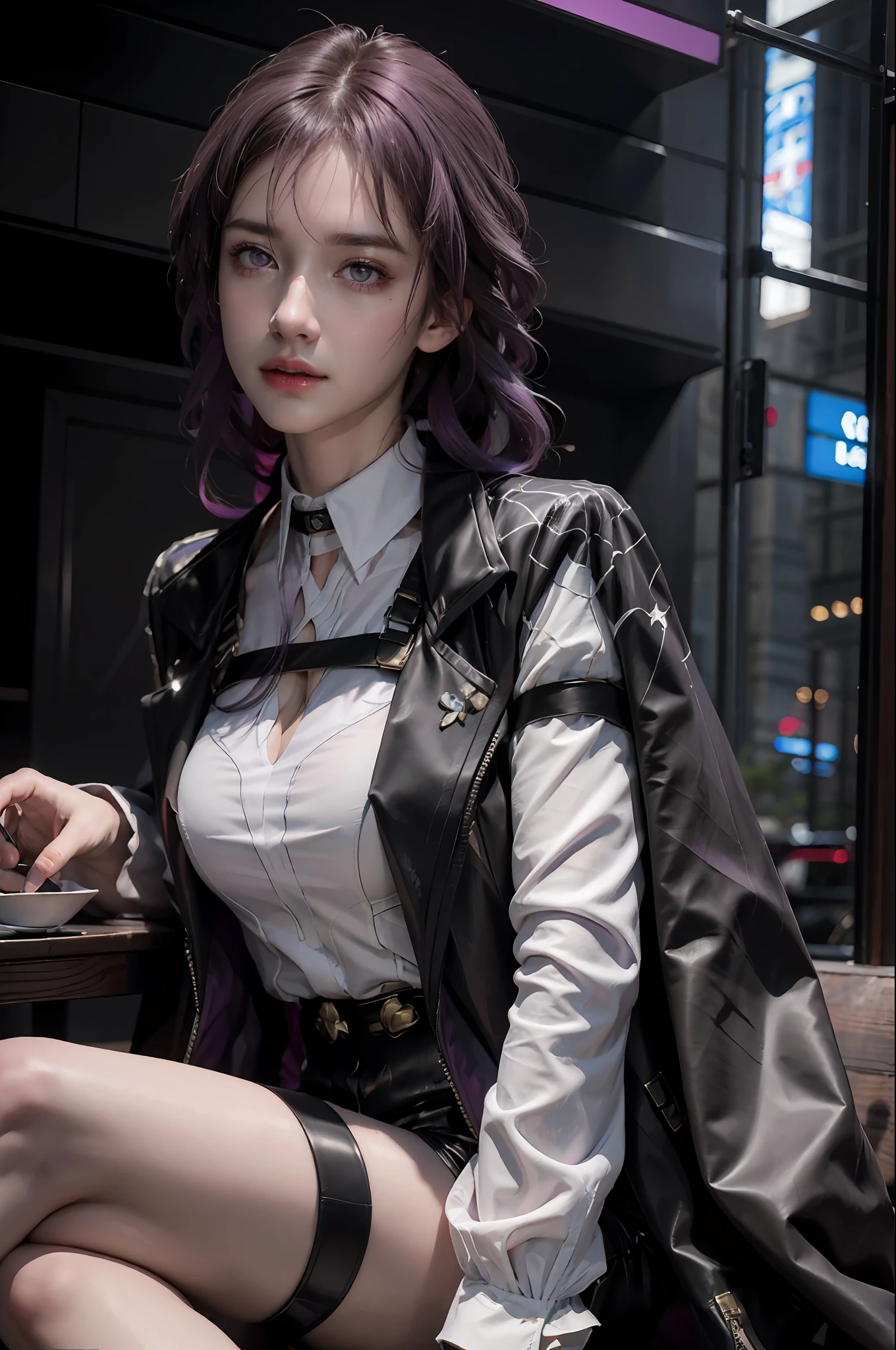 (photorealistic:1.4), raw photo, 1girl, purple eyes, purple hair, (eyewear on head), stellaron hunters outfit,  black jacket, jacket on shoulders, shirt, shorts, pantyhose, boots,deep shadow,  detailed face, detailed eyes, depth of field, bokeh, vibrant details, finely detailed, hyperrealistic, 35mm film, hazy blur,upper body,, masterpiece,ultra realistic,32k,extremely detailed CG unity 8k wallpaper, best quality