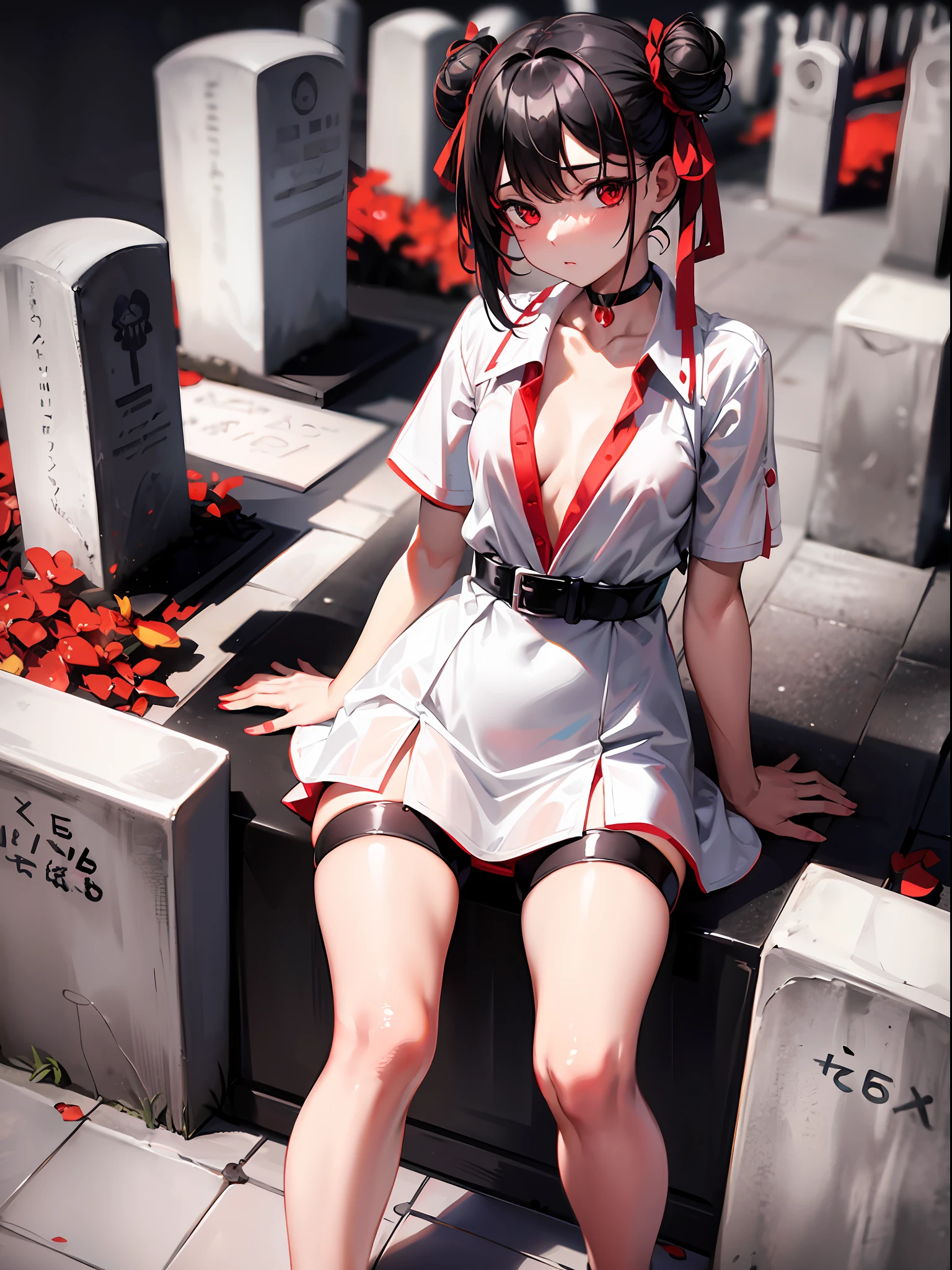 Black hair with bun hair ribbon, red choker, white shirt, red one-piece miniskirt, red ankle choker, red pumps, , small breasts, cemetery