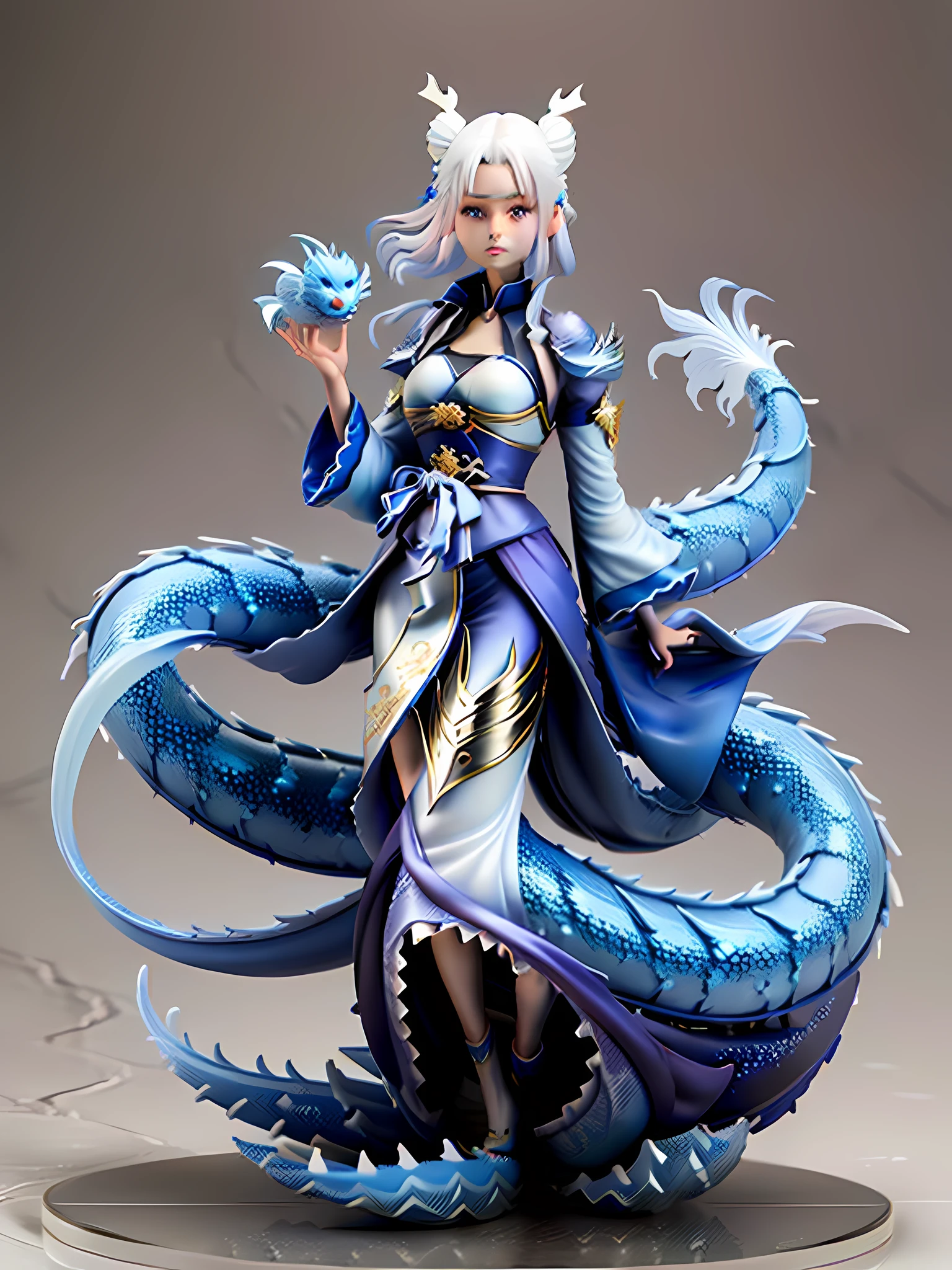 ((Masterpiece)), ((Extremely detailed and exquisite)), (8k CG wallpaper), {stunning art}, {{figure}}, color splash, (amazing), (1 girl), close to the audience, beautiful delicate face, beautiful detailed blue eyes, dynamic angle, two antlers on the head, flowing and delicate white hair, Chinese delicate Hanfu, slim ((streamlined dragon tail, blue scales attached to the back low waist)), ((tail decoration)), anime style 3D, 3d rendering stylized, Lovely 3d rendering