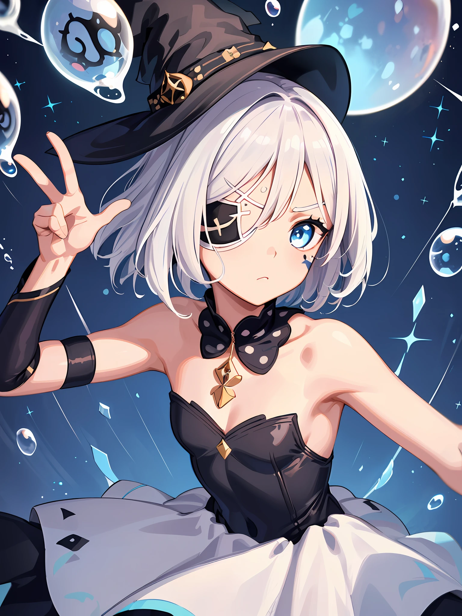 (Black Leotard: 1.9), (White Hair: 1.8), (Orange and Light Blue: 1.8), (Polka dots 1.6)))), (Painting: 1.6), Frontal, Cartoon, Illustration, Painting, Big Eyes, Clear Eyes, (Short Hair: 1.7), Exquisite Makeup, Mouth Closed, (Small Fresh: 1.5), (Wipe Chest: 1.6), Sun Shoulder, Look at the Audience, Big Eyes, ( White hair: 1.6), Color Splash, (Solo: 1.8), , Messy lines, (((Shine)), , Polka dots, Upper body, Paint splash, Immaculate skin, Gradient, Paint, Best Quality, Best Quality, Best Quality, Masterpiece, Solo, Depth of Field, Witch, Gorgeous, (Elegant: 1.3), Chambon Ball: 1.4), (Masterpiece)))), (Best Quality))), (((Ultra Detailed)), (illustration), (dynamic angle), (((floating)), (paint), ((disheveled hair)), (solo), (1 girl), ((detailed anima face)))), (beautiful detailed face)), collar, bare shoulders, gray hair, (((white hair))), ((((polka dot dress)), beautiful detailed eyes, (blue eyes)))), ( ( High saturation)))), (((surrounded by many soap bubbles of millennial blue))), nighttime, starry sky, bright soap bubbles, big circle, soap bubblr, shining, shinning, (((black eye patch :1.2)))), destroying, 16 years old, hair,