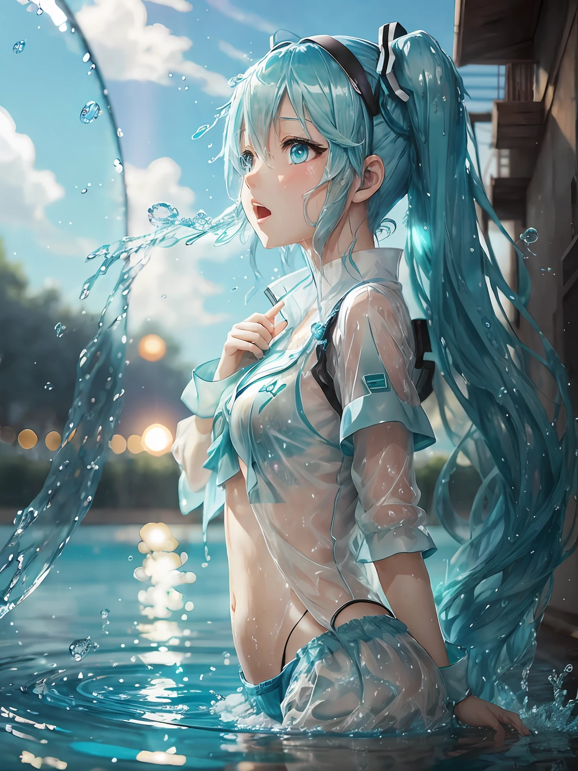 Miku with wet clothes, (see through :1.2),   singing in the sky, shiny blue hair, shiny blue eye, Bubble anime lighting theme, fantasy realistic anime --auto --s2