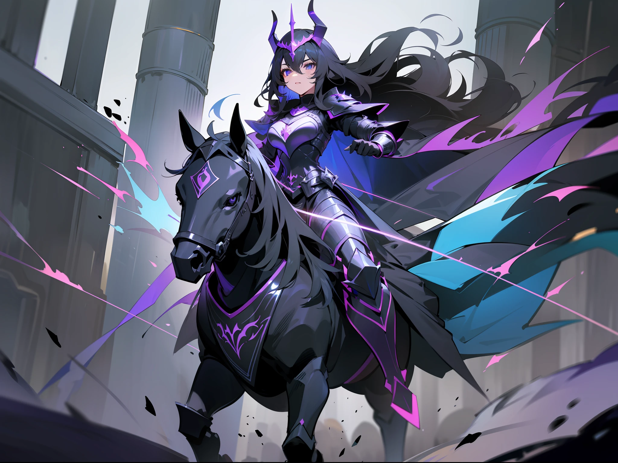 masterpiece, best quality, woman, black knight, black armor, black helmet, a purple glow coming out of the eyes, black and dark blue cape, full body, mounted on a black horse, fantasy, medieval, night, dynamic pose.