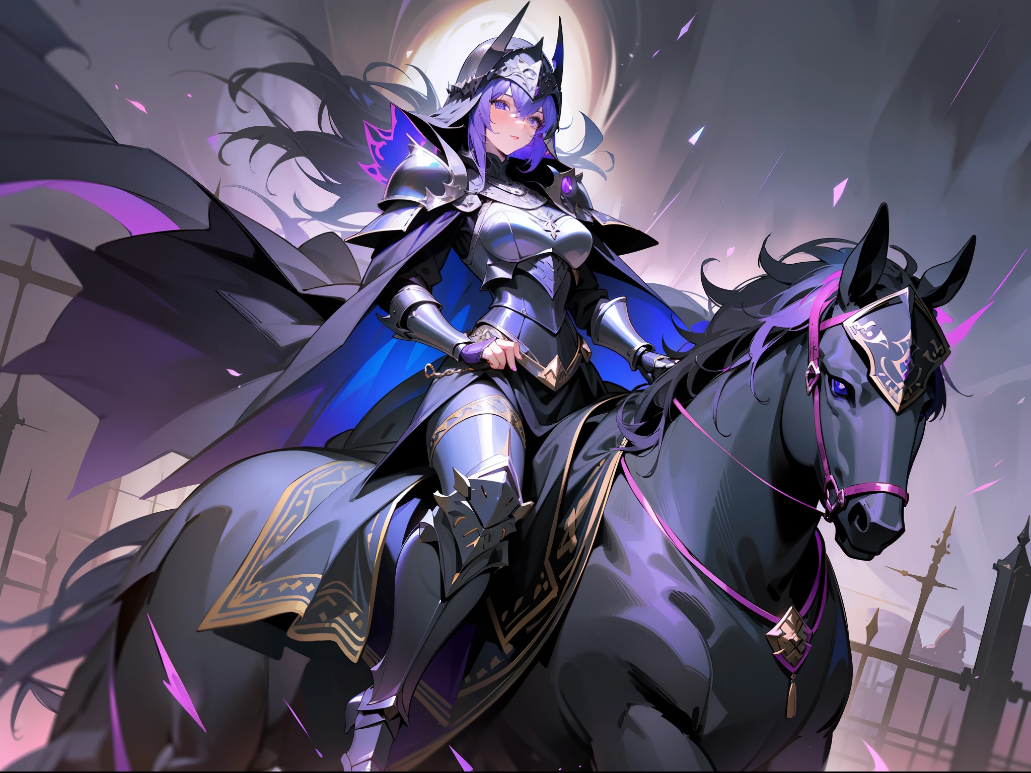 masterpiece, best quality, mature woman, black knight, black armor, black helmet, a purple glow coming out of the eyes, black and blue cape, full body, mounted on a black horse, fantasy, medieval, night, dynamic pose, beautiful detailed glow.