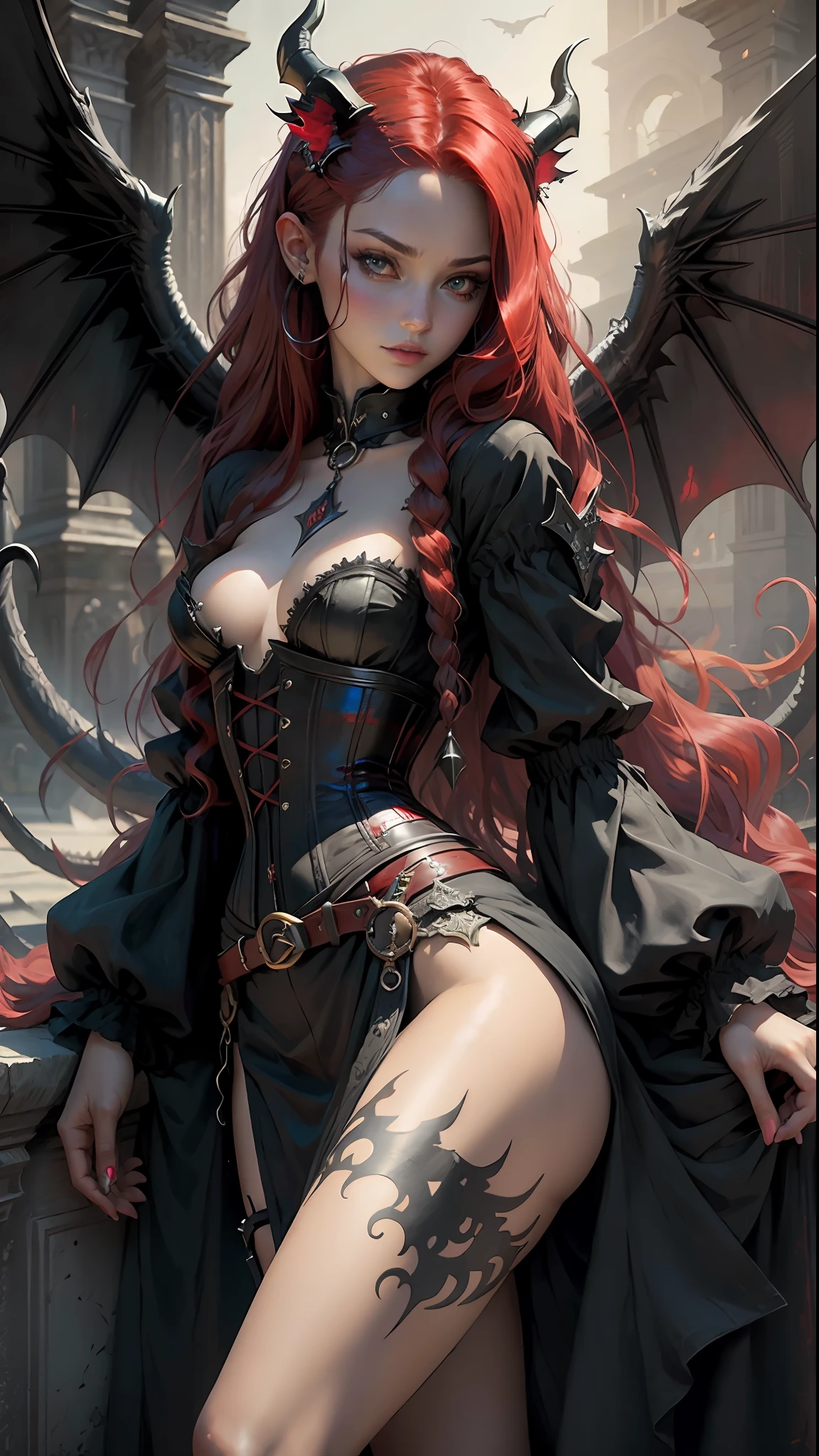 masterpiece, best quality, realistic, a demon girl, long red hair, corset horns, black wings, cat eyes, dark environment