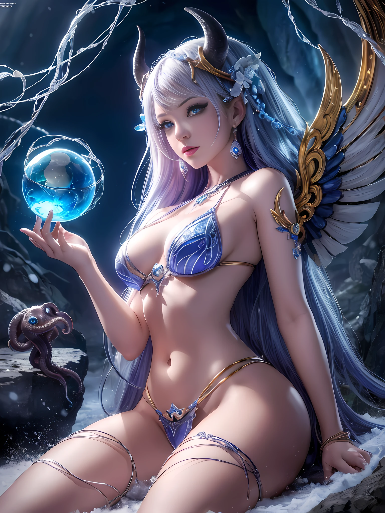 glowing eyes, (Zendra, Mandala, Tangled, Tangled), (1 girl: 1.3), Cowboy shot, from below, {Best Quality}, {{Masterpiece}}, {High Resolution}, Original, Extremely Detailed 8K Wallpaper, {Extremely Delicate Beauty}, Ancient Dark Style, White Hair, Evil Smile, Heterochromatic Blue Eyes, Serious, Mecha Battle Suit, Holding a Crystal Ball, (((((Masterpiece))), (Best Quality))), (Ultra Detailed)), (Illustration), (Detailed Light), ((extremely delicate and beautiful)), dramatic_shadow, ray_tracing, shiny skin, room, muscular female, abs, mountain, snow, sitting on a throne, cute face, golden decoration, beautiful female, open legs, ((masterpiece)), ((best quality)), ((official art)), (very detailed CG Unity 8k wallpaper), ((very detailed)), ((illustration)), {{realistic}}, ocean cave, Cthulhu, Octopus, black wings, chest, muscles, horns, gulo, darkness, night, bust, monster, blue eyes, open mouth, big eyes,
