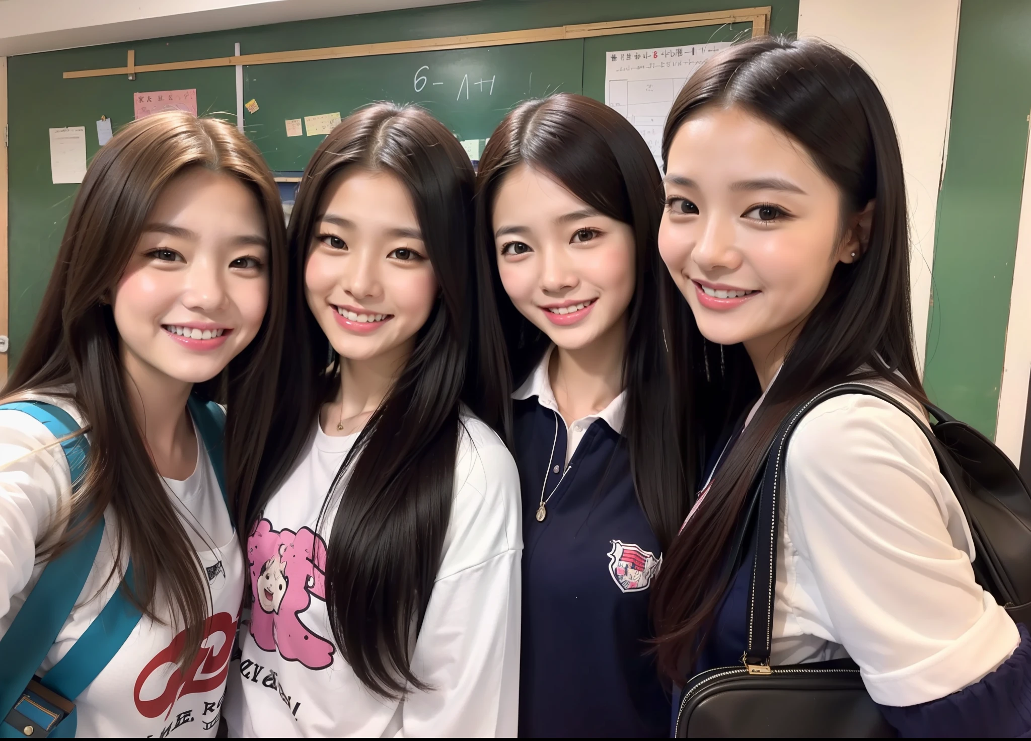 3 young women, oriental, idol, beauty, 11 years old, plain clothes, classroom, smile, school bag