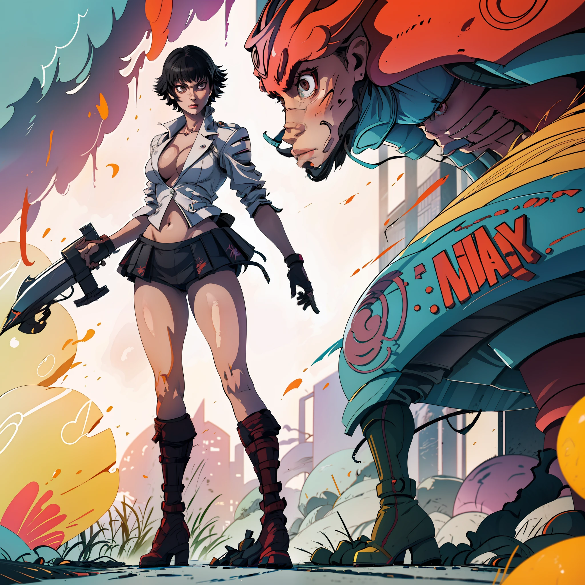 Yusuke Murata's style, A closeup of a woman wearing sexy uniform, Lady, DMC, Devil may cry, action poses and sensual poses, sexy poses, woman with short black hair, fit body, gynoid body, perfect body, fit body, abdomen, big breasts, chubby butt, prancing ass, plump butt, detailed art in sensual style, Oppai proportions, official character art, uniform, full body concept, (best quality, masterpiece) a cute chibi girl,
