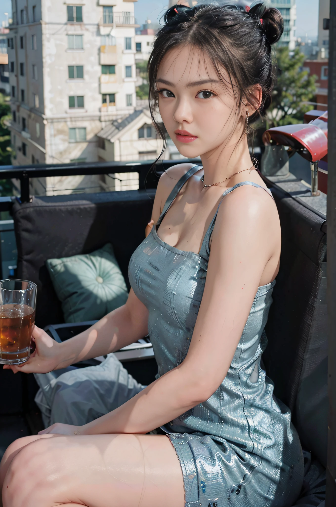 (space_buns_hairstyle:1.3), woman poses for a photo, full breasts, bare thighs, full body shooting, wearing a shoulder-length dress,
Expert, 8k, high resolution, masterpiece, best quality, gray pink hair, gray-pink wavy head, : 1 girl, ((Hasselblad photography)), delicate skin, clear focus, (cinematic lighting), at night, soft lighting, dynamic angles, [:( details:: 1 girl): 0.2 girl], ((sitting on the balcony))),