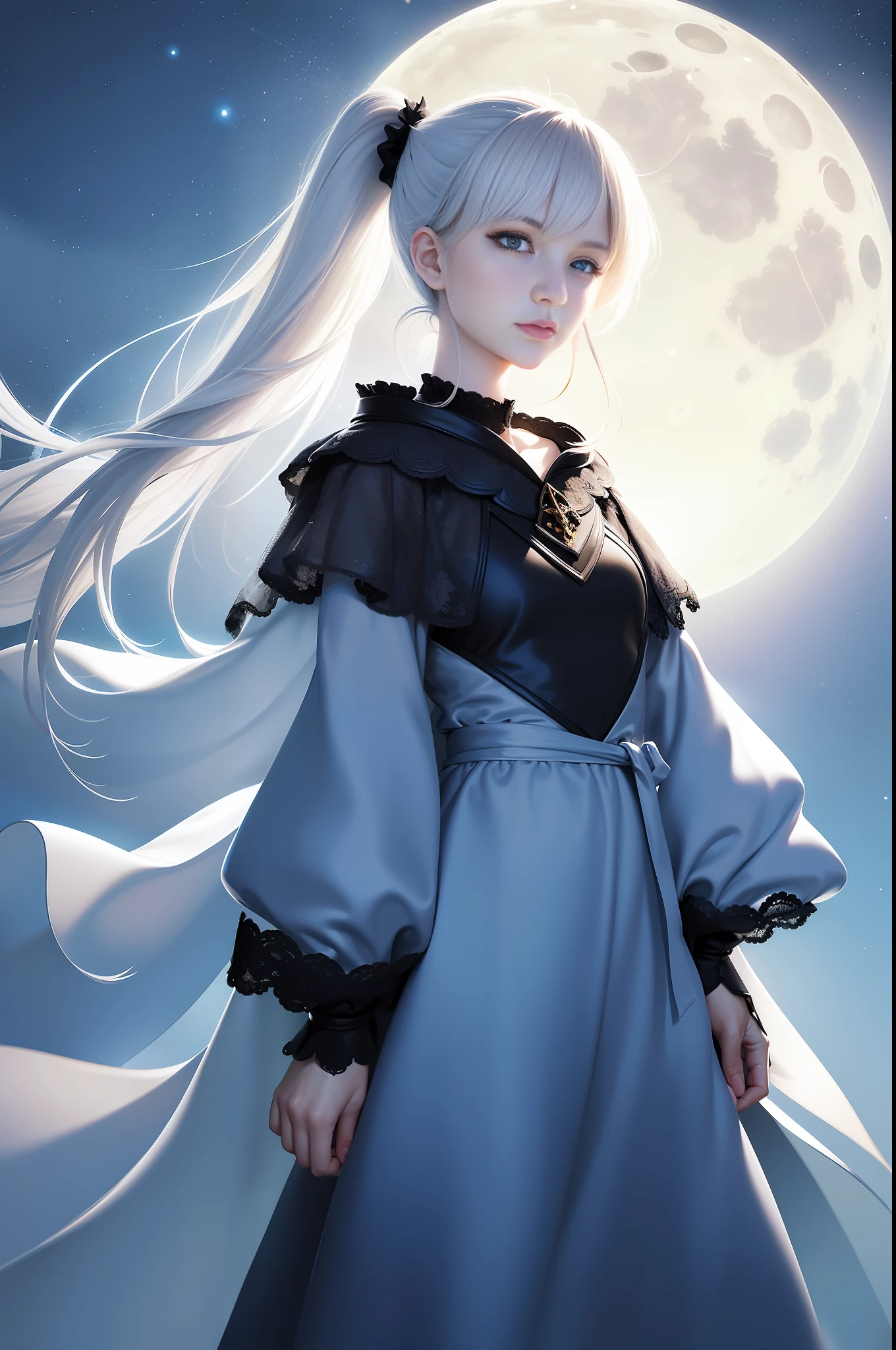 Masterpiece, (Best Quality: 1.2), (Super Fine: 1.2), Illustration, (Extremely Delicate and Beautiful: 1.2), Film Angle, Floating, (Beautiful Detail Eye: 1.1), (Detail Light: 1.1), Film Lights, Delicate Sky, Woman, White Hair, Blue Eyes, (High Ponytail: 1.1), Cloak, Glowing Eyes, (Moon: 1.2), (Moonlight: 1.1), Starry Sky, (Light Particles: 1.1), Fog , snow painting, sketching, blooming