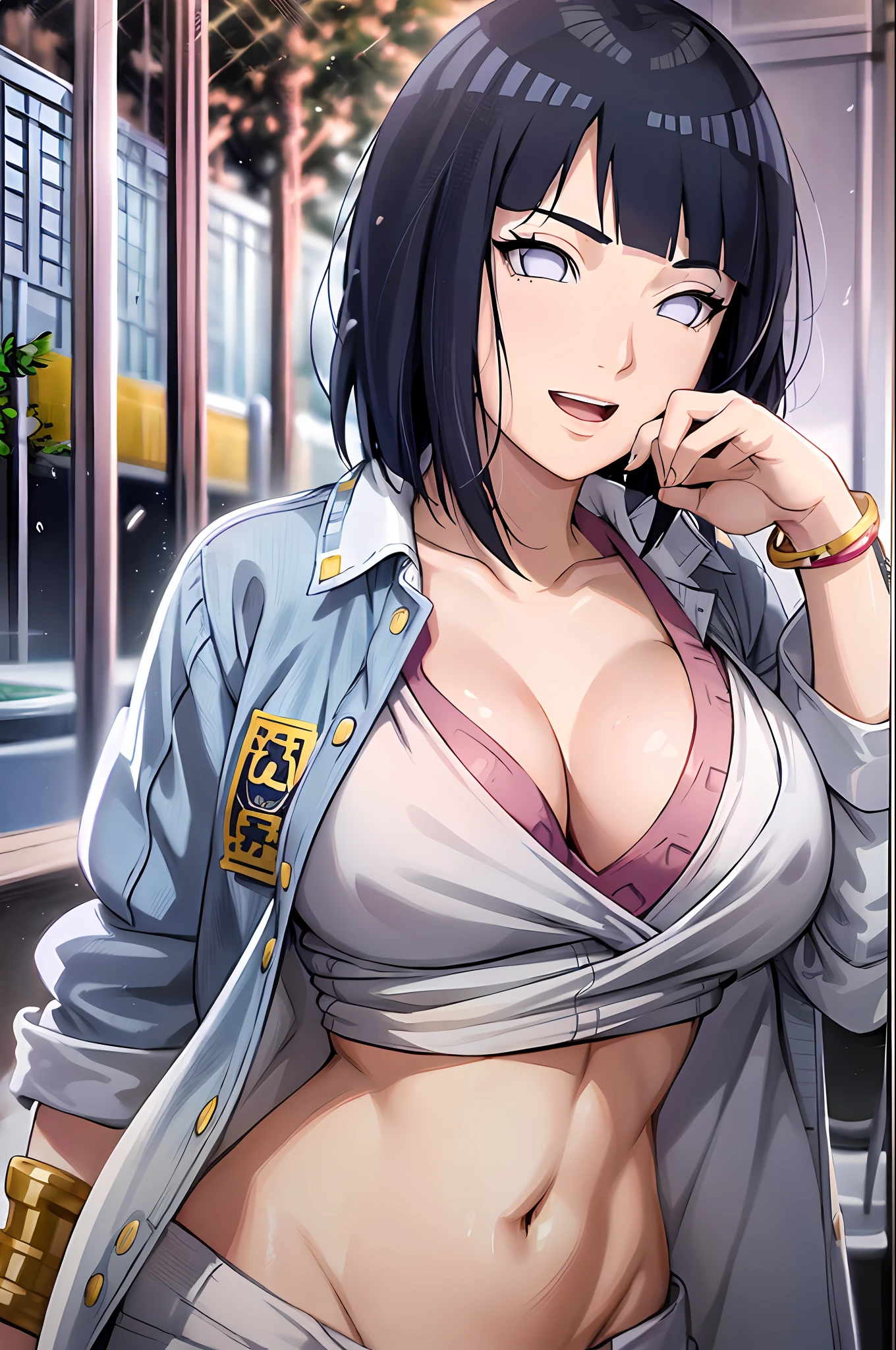 (masterpiece, 2k, anime style:1.9, front shot, cute smile, cute face, open mouth, correct finger anatomy, open jacket, (white casual bikini top, casual trousers, sport bracelet)), hinata\(boruto\), mature female, standing, milf, (curvy:0.8), (short hair, hime cut), (dark blue hair color:1.1), white, big breasts, flat belly, perfect eyes, anime eyes, smoky eyeliner, eyeshadow, perfect face, shy, sharp focus, professional artwork, intricate details, colorful, vibrant colors, vivid colors, digital blending, ultra detailed body, ultra detail hair, ultra detail face, trending on pixiv, very hot colors, sunrays, leaning sideway