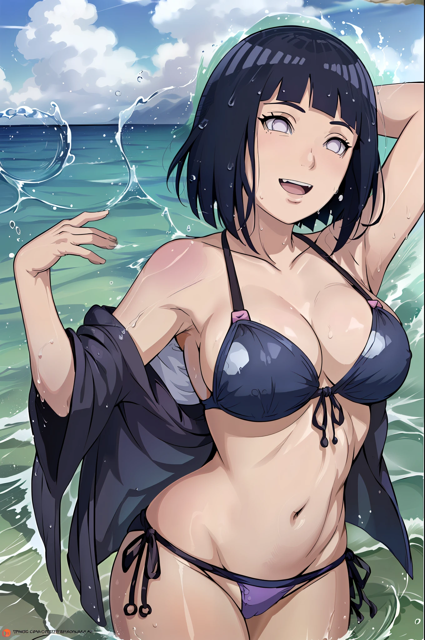 (masterpiece, anime style:1.9, solo, very happy, laugh, stretching, open mouth, beach, sea, soaked, soaked face, correct finger anatomy, no shirt, white micro bikini, pelvis), hinata\(boruto\), mature female, milf, (curvy:0.8), solo, (short hair, hime cut), (dark blue hair color:1.1), white, big breasts, flat belly, perfect eyes, anime eyes, smoky eyeliner, eyeshadow, perfect face, shy, sharp focus, professional artwork, intricate details, colorful, vibrant colors, vivid colors, digital blending, ultra detailed body, ultra detail hair, ultra detail face, trending on pixiv, very hot colors, sunrays, leaning sideway