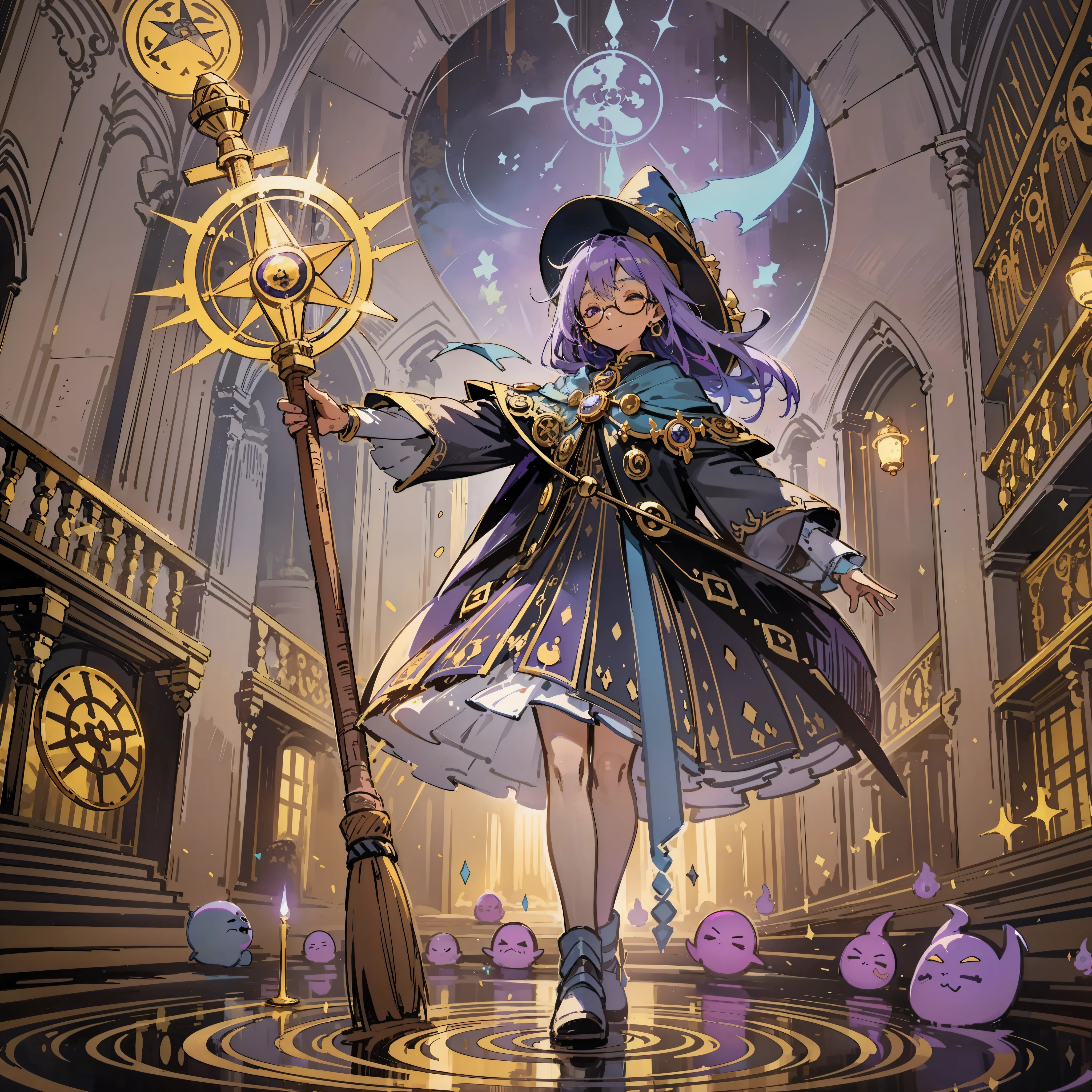 witch, with a wizard hat that emits a faint blue-purple light, with round-framed glasses, holding a broom in her hand, clasping her hands together, closing her eyes, stepping on a magic array under her feet, ripples, spinning, three soul skeletons protruding from her head, soul, ethereal, wind, dim, night, indoors, the background is the wizard library, wizard skirt, wizard skirt has golden yellow decoration, a round of golden wheel sparkling behind the back, double eyelids, convex nose bridge, small mouth, smile, comics, ray tracing, detail, 4K, HD, high quality