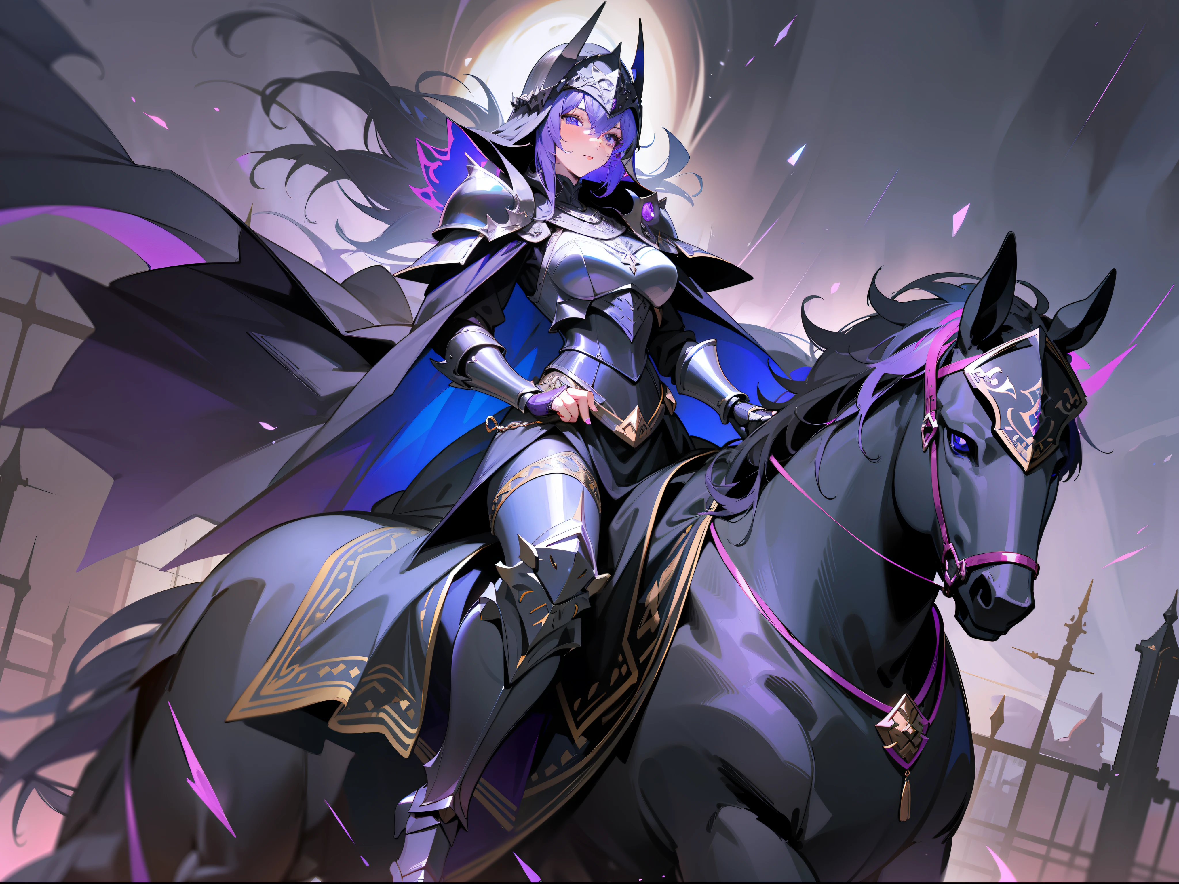 masterpiece, best quality, mature woman, black knight, black armor, black helmet, a purple glow coming out of the eyes, black and blue cape, full body, mounted on a black horse, fantasy, medieval, night, dynamic pose, beautiful detailed glow.