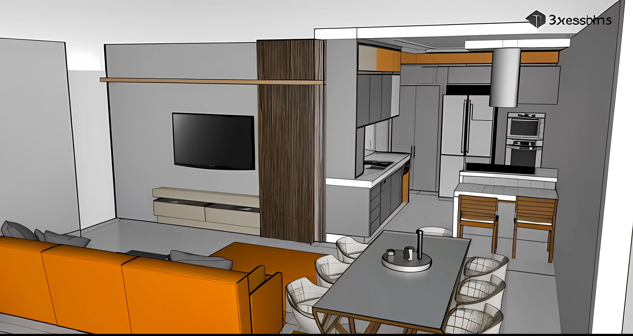 a rendering of a living room with a couch, table, and television, apartment design, 3 d concept, 3d concept, concept house, 3d rendering, 3 d rendering, 3d design, 3 d design, 3 d - concept, residential design, interior living room, sketch - up, 3 d renders, render 3 d, realistic concept, interior design