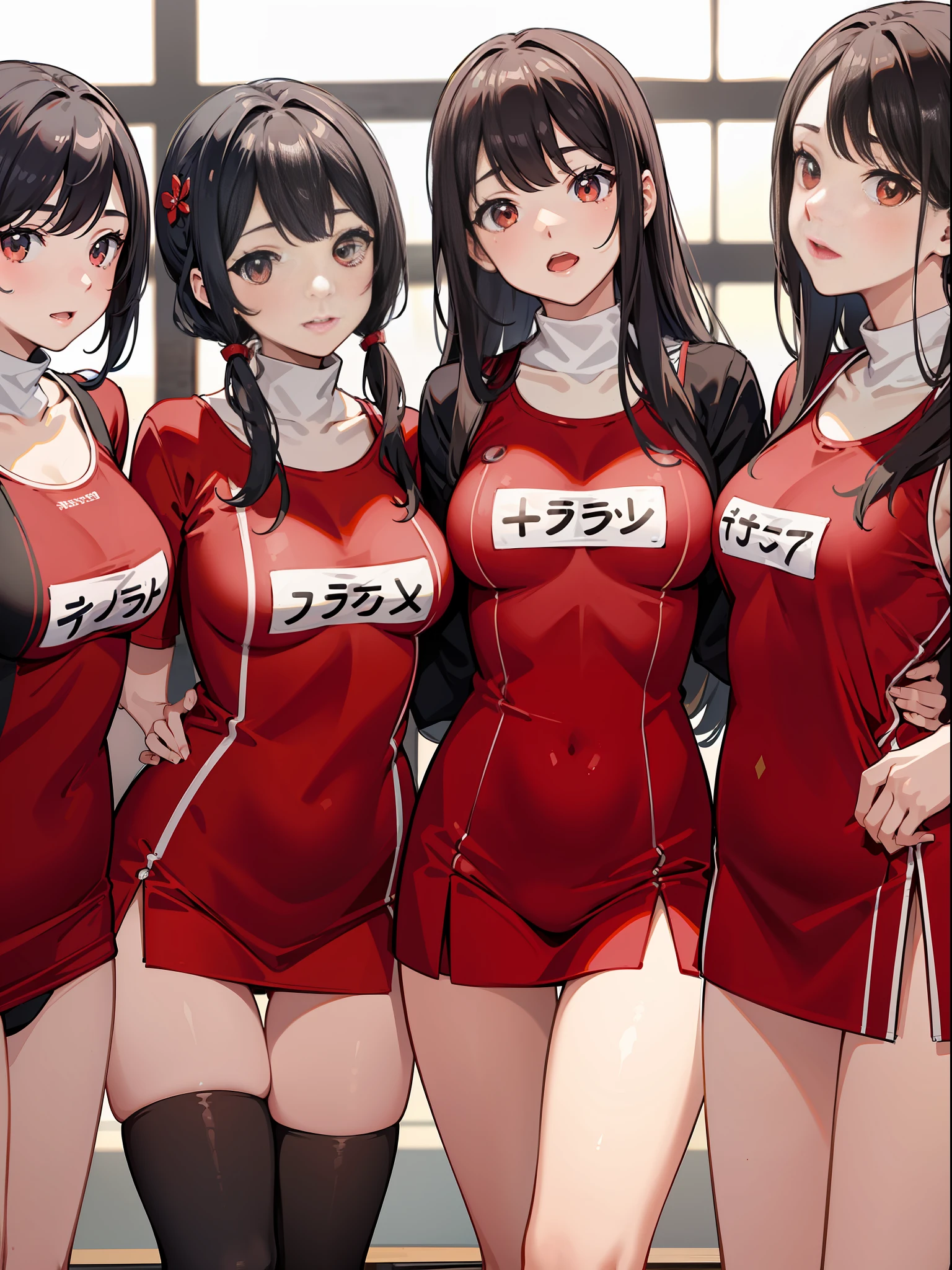 {Japan Slender Beauties}, High Resolution, Best Quality, {Masterpiece}, Super Detail, {Full Body}, Red School Swimsuit, Wedges, Caustics, Detail, Sit-Cinematic Lighting, No Blush