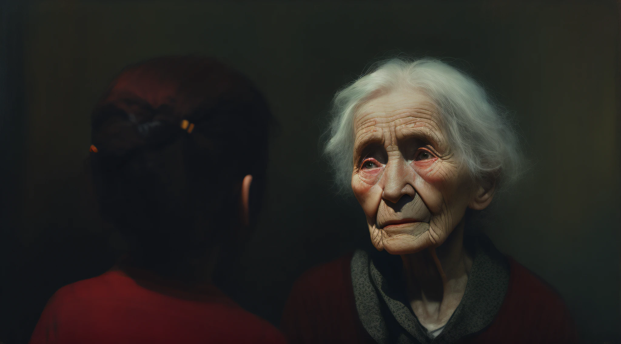 sad young old woman, near a little girl with a red hair tie, a painting in a brutalist setting, artstation hd, detailed painting, photo taken with provia, kodak portra, film grain, featured on unsplash, grain from film, cinematographic view, photo taken with provia