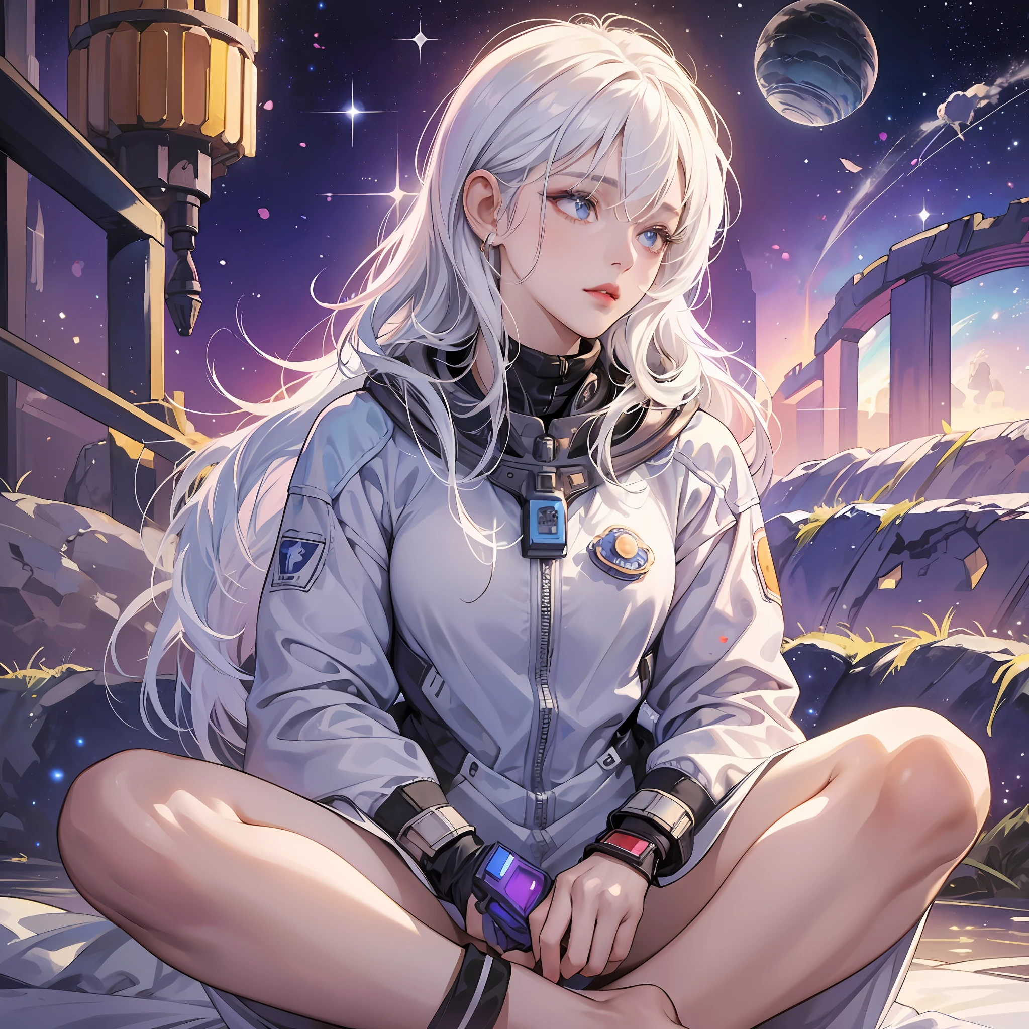 (masterpiece 1.2) beautiful girl, meditating, alien temple, ultra detailed, space background, space suit, reflective lights, watercolor colors, hyperrealism, ana of weapons, eye focus, hair in the wind, delicate hands, red lips, white hair --auto --s2