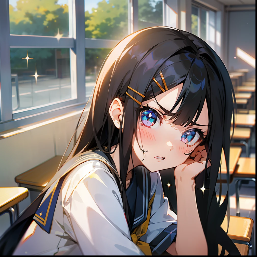 girl,, long hair, campus, Classroom, table, hairclip, sparkling eyes, angry, anime, ray tracing, textured skin, super detail