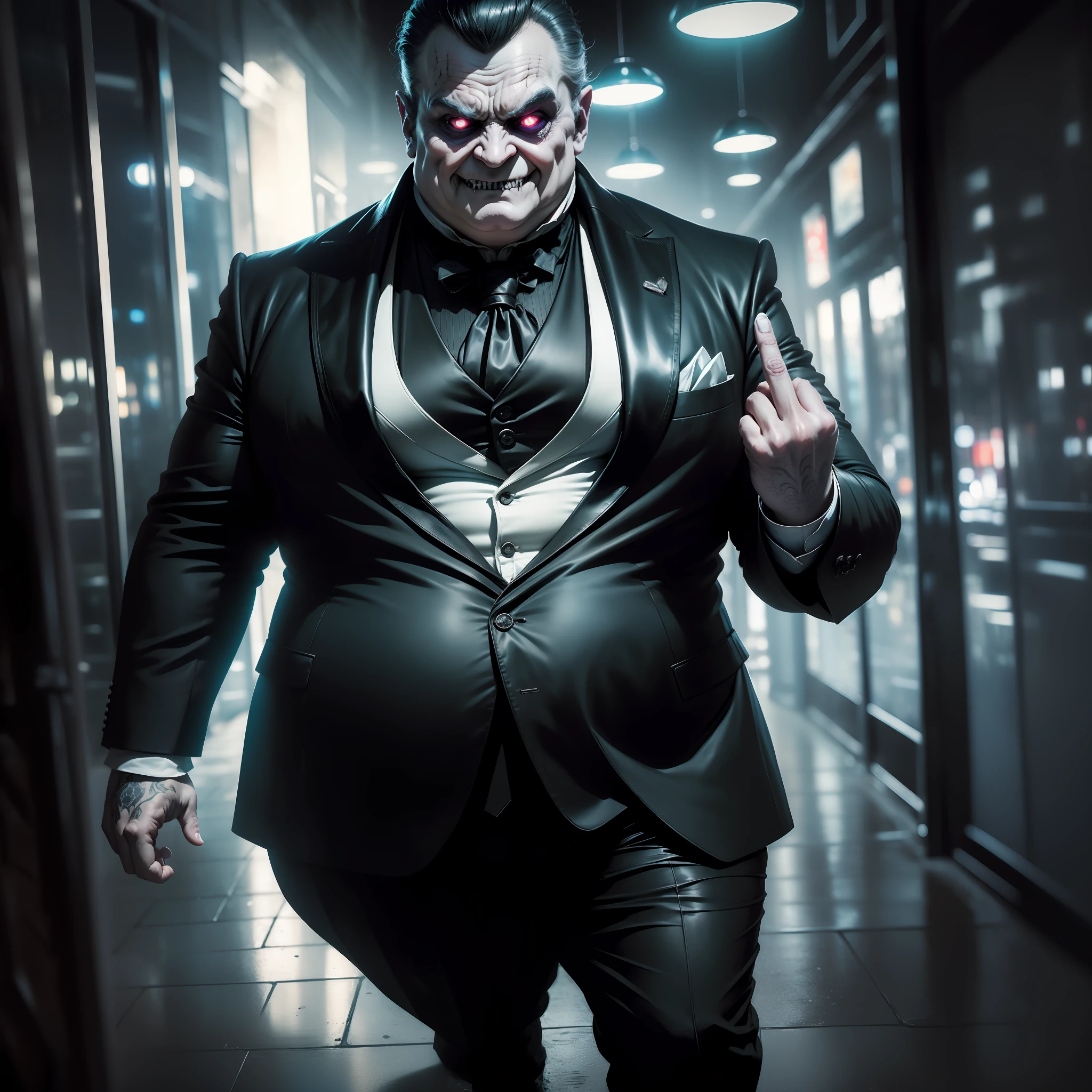 (RAW photo, best quality), mesmerizing depths, full body Portrait of (the Penguin;1.2) character from Batman comics and movies, a 40 year old grotesque man, make a middle finger, (Short stature, Rotund body:1.4), (disheveled, long and dirty hair:1.1), eyeliner, makeup, (Pale complexion:1.6), (Pointed beak:1.1), (latex punk clothes:1.1), (Squinty eyes:0.6), wearing a black tailcoat, black gloves, (Top hat:1.1), (wrinkles:0.7), white spats over his shoes, (fat:1.1), toned, (evil madman face:1.3), (evil, evil genius:1.3), (BDSM:1.3), (bondage:1.1), piercing, tatoos, fantasy, (DC comics:1.4), (darkness:1.4), high detailed face, (muscles, toned:1.2), 8k, cinematic photo, ultradetailed, 8k, terror, (gore:1.2), (apocalyptic cityscape:1.3), hog, fog, dirty, complex background, detailed background, depth of field, (realistic lighting:1.1), (realistic shadows:1.1), (scary:1.6), ((best quality)), (detailed), (in the luxury mansion of a supervillain:1.2), epiCRealism, HyperStylizeV6, (dark atmosphere:1.3), volumetric lighting, (action pose, epic scene:1.2), lots of fine detail, movie style, haute couture, 8k fabric texture details, masterpiece, (sharp teeth:1.1)
