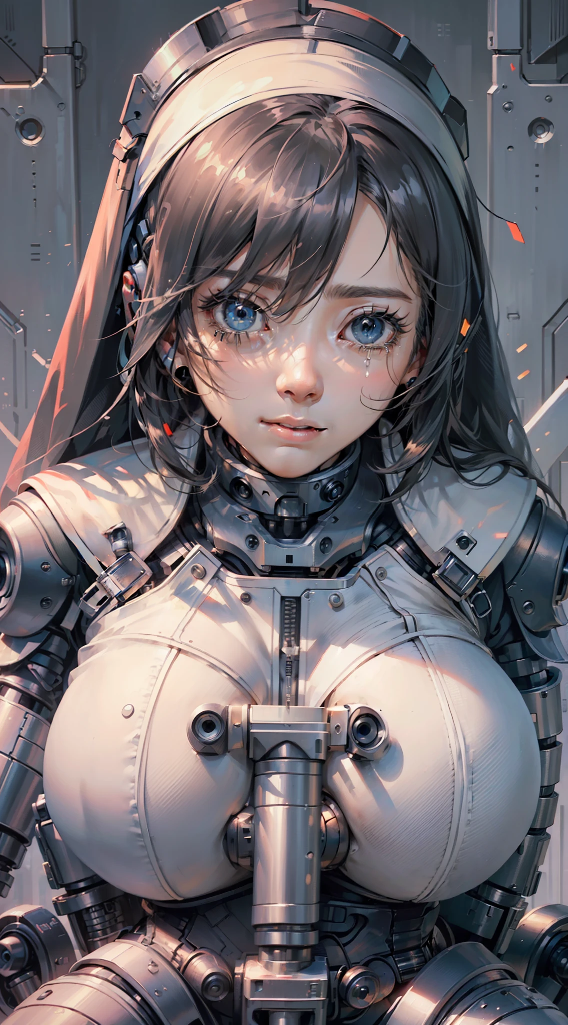 (((shy expression))),(tears in the eyes),(face close-up)),(perfect face), (nun suit), ((robotic arm)), (girl sitting on her knees), (aggrieved expression), (mech suit), (a girl), (masterpiece), breasts bigger than torso, huge breasts, (highest quality), (face close-up)
