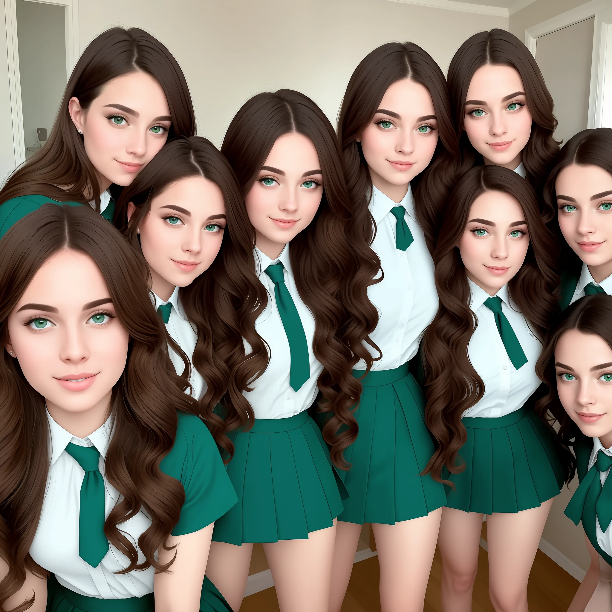 stunning identical sextuplets marching close together, in a room, 25 years old, full body, identical bodies, pale skin, athletic body, identical height, wearing green skirt suits, wearing black high heels, same faces, same hairstyle, long wavy hair, same colour hair, light brown hair, five fingers on each hand, smiling, color, realistic, sharp focus on eyes, sharp focus on nose, 8 k, high definition, insanely detailed, elegant, ultra realistic, photorealism,