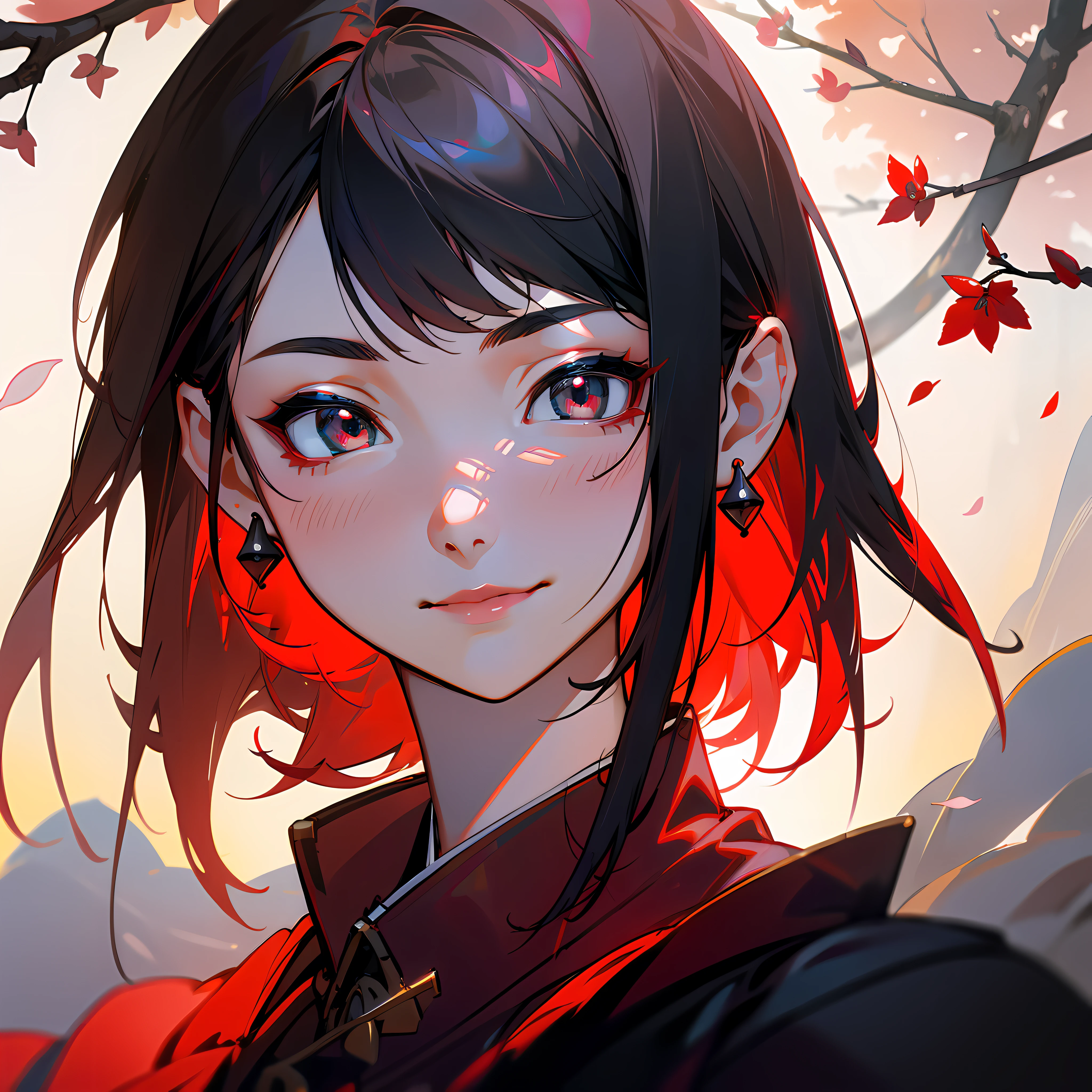 (1girl), (perfect illustration), (masterpiece), (portrait), smile, bright scarlet eyes, short black hair, Chinese cloth, edge lighting, red clothing, round female face, red earrings, closed mouth, lips, beautiful face, photorealistic, soft lighting, close view, high quality, volumetric lighting, soft forest with petal falls, cherry trees, tyndall effect, Japanese Long Bob hair style.