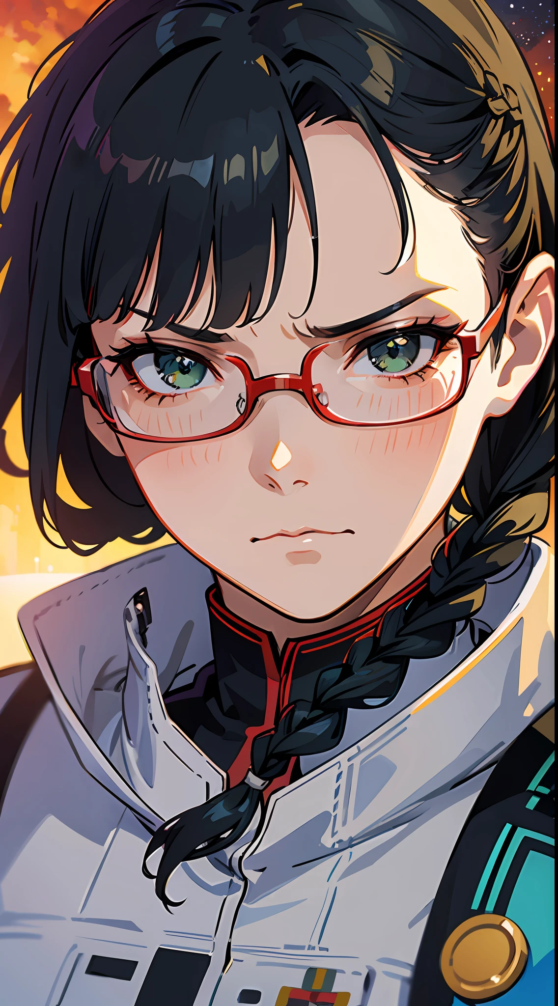Movie Poster,((Braid Hairstyle : 1.5)),Anime Reference 86 ,Science Fiction,Sci-Fi,Movies,War Action Movies,Space,Atmosphere,Sky,Battleship,Multiple Characters,Women,Adults,Green Eyes,Black Hair,(Pia bangs hairstyle) : 1.8 ),(Red Glasses),General Uniform,White Commander Uniform,Serious Face Frowning,Realistic Face Detail,Realism,3D Face,