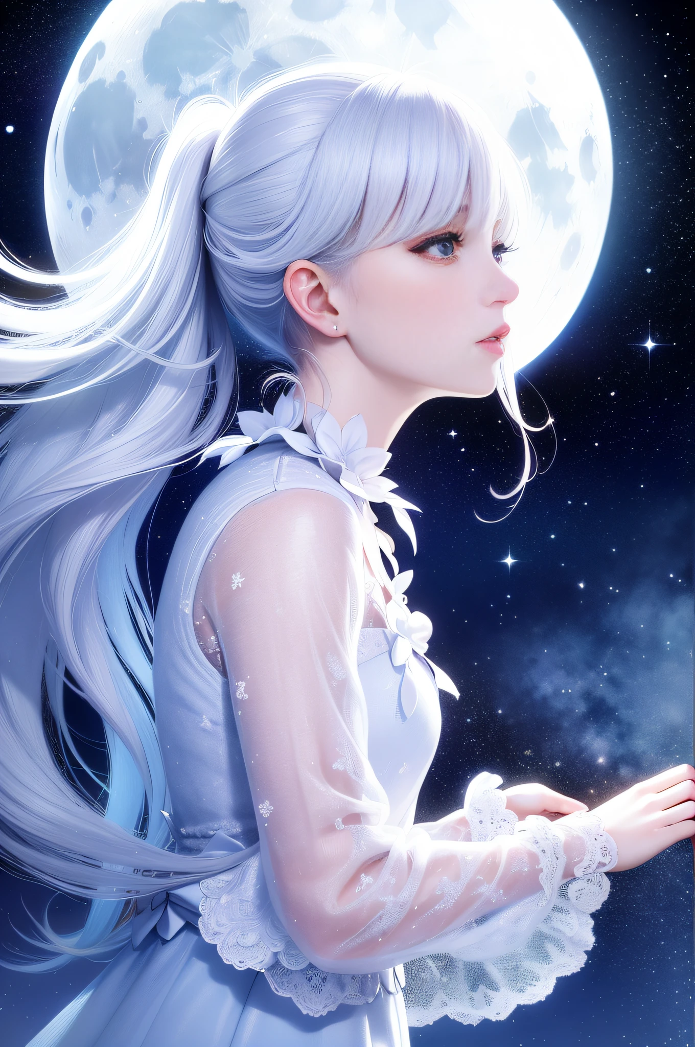 Masterpiece, (Best Quality: 1.2), (Super Fine: 1.2), Illustration, (Extremely Delicate and Beautiful: 1.2), Film Angle, Floating, (Beautiful Detail Eye: 1.1), (Detail Light: 1.1), Film Lights, Delicate Sky, Woman, White Hair, Blue Eyes, (High Ponytail: 1.1), Cloak, Glowing Eyes, (Moon: 1.2), (Moonlight: 1.1), Starry Sky, (Light Particles: 1.1), Fog , snow painting, sketching, blooming