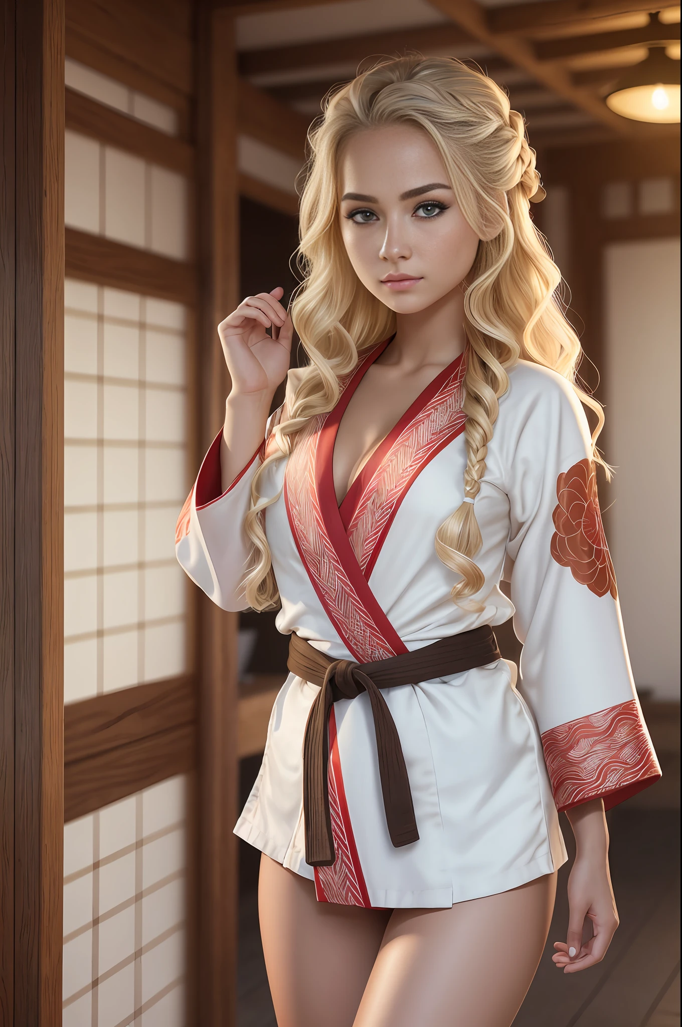 absurdres, RAW photo, highest quality, (masterpiece: 1.3), high detail RAW color photo, professional photo, extremely detailed CG 8k wallpaper unit, photo-realistic, realistic, RAW photo, masterpiece, best quality, highres,
1girl, 19 YEARS OLD, white, blonde hair, wavy, Average length, random hairstyle, beautiful body, thin legs, perfect gorgeous face, beautiful light brown realistic eyes, fair skin, detailed skin texture, very small natural breasts. Serious, focused. She looks amazing. (Red karate kimono, simple design). Wooden dojo.