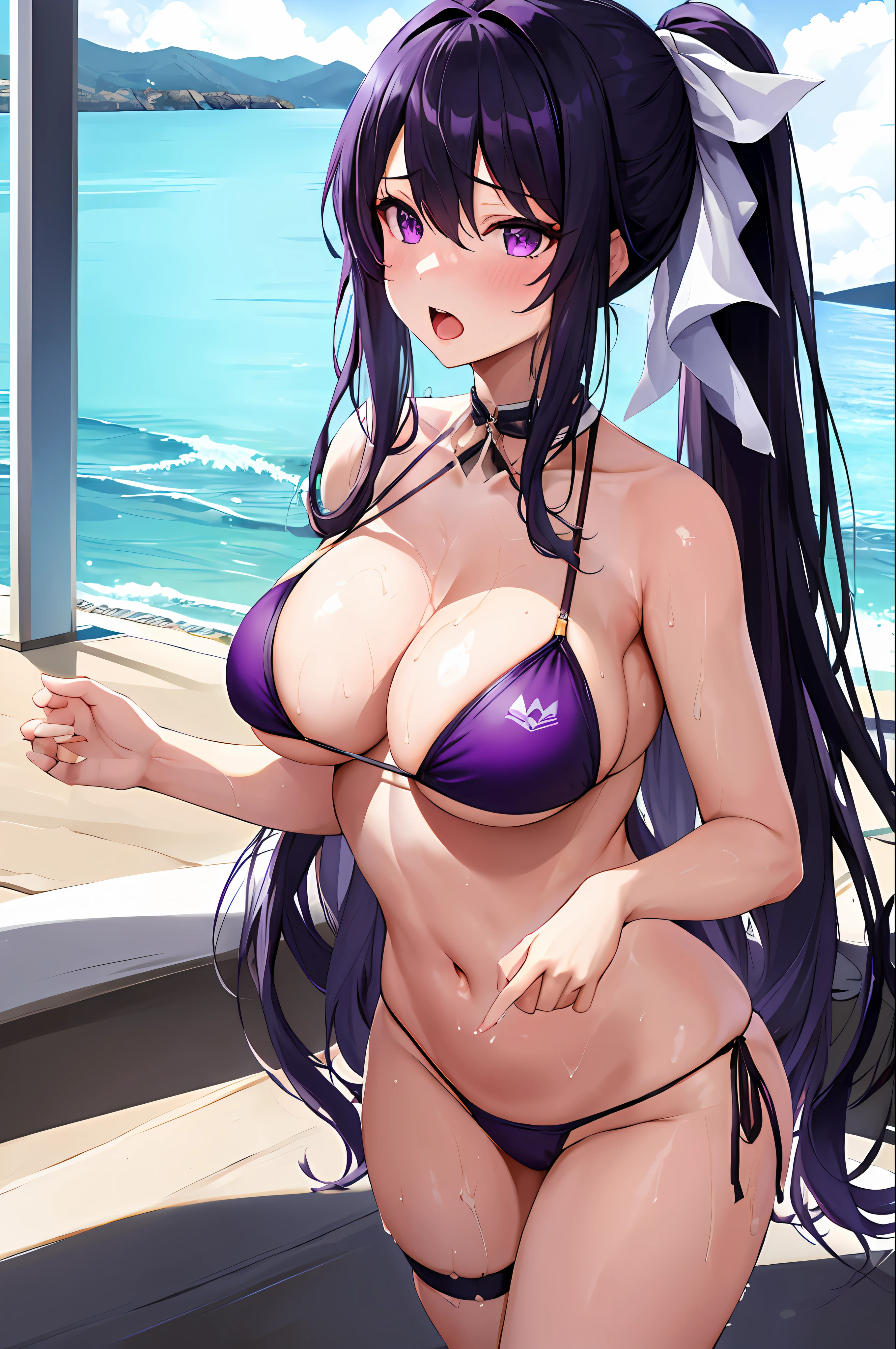 masterpiece, best quality, high resolution, 1girl, solo, purple eyes, very long hair, white hair ribbon, ponytail, black hair, big breasts, purple hair, micro golden bikini, beach, poolside, wet, open mouth, shame, people looking