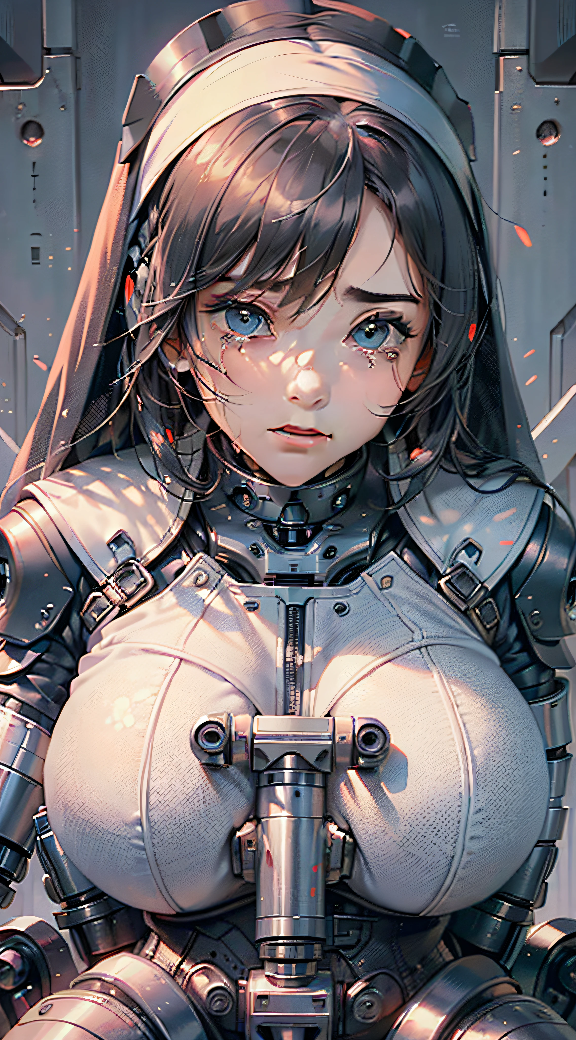 (((shy expression))),(tears in the eyes),(face close-up)),(perfect face), (nun suit), ((robotic arm)), (girl sitting on her knees), (aggrieved expression), (mech suit), (a girl), (masterpiece), breasts bigger than torso, huge breasts, (highest quality), (face close-up)