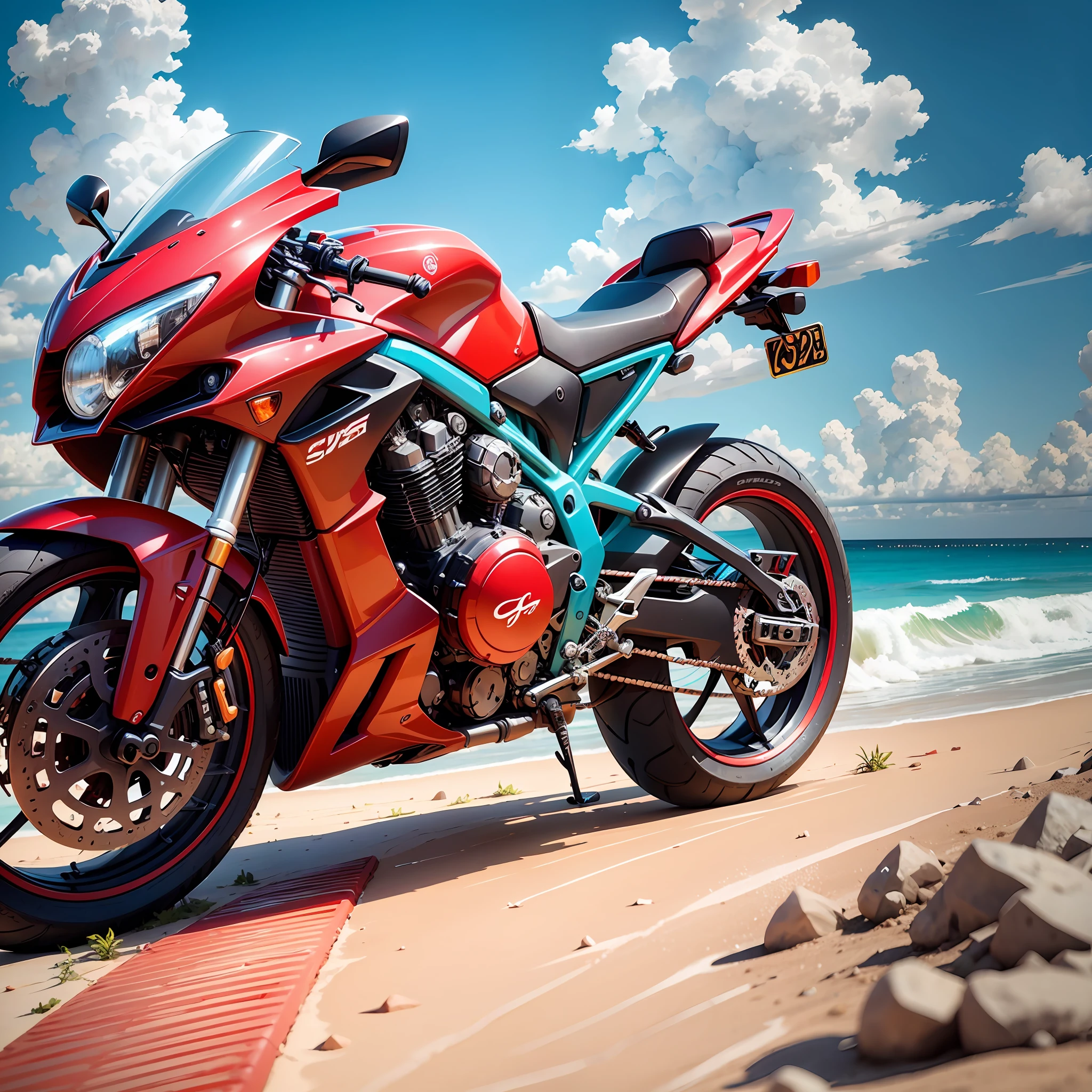 A vibrant red sports bike in front of a white sand beach with crystal clear waters and lush vegetation in the background? The sun shining brightly in the blue sky as the bike glitters with its flawless finish. It would be an amazing image! 4k, precise details on the bike, --auto --s2
