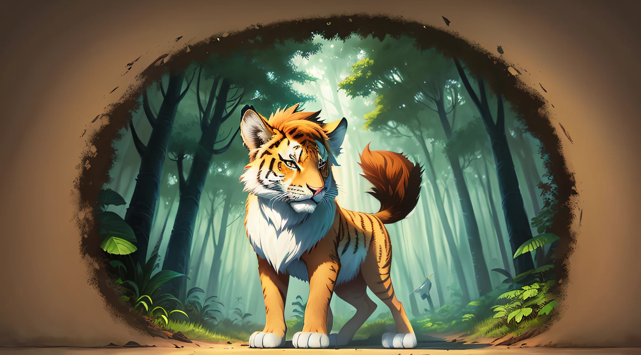 forest background, furry fantasy art, Smilodon, forest gog portrait, prowling the forest, anthropomorphic tiger, beautiful detailed digital art, adorable digital painting, highly detailed digital painting