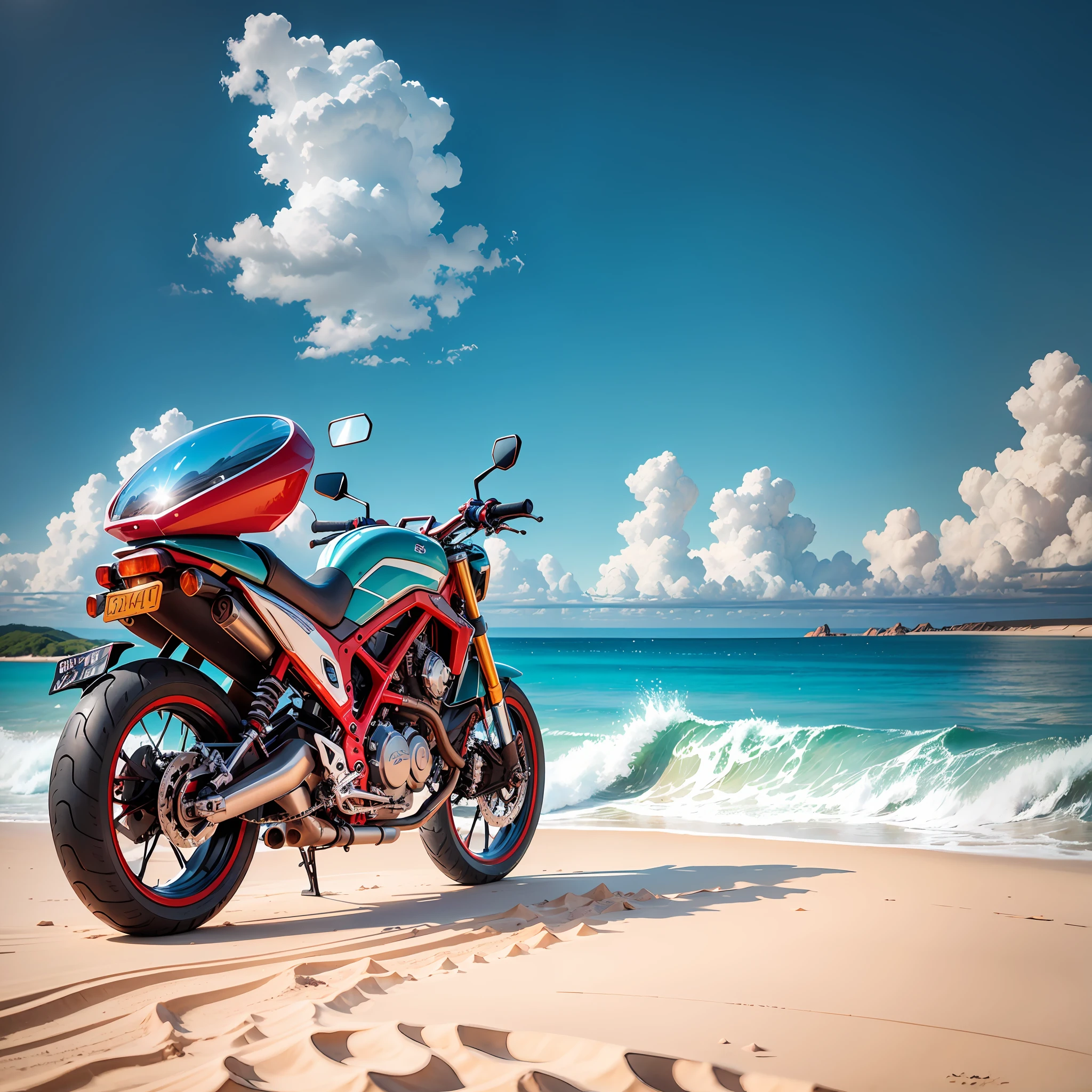 A vibrant red sports bike in front of a white sand beach with crystal clear waters and lush vegetation in the background? The sun shining brightly in the blue sky as the bike glitters with its flawless finish. It would be an amazing image! 4k, precise details on the bike, --auto --s2