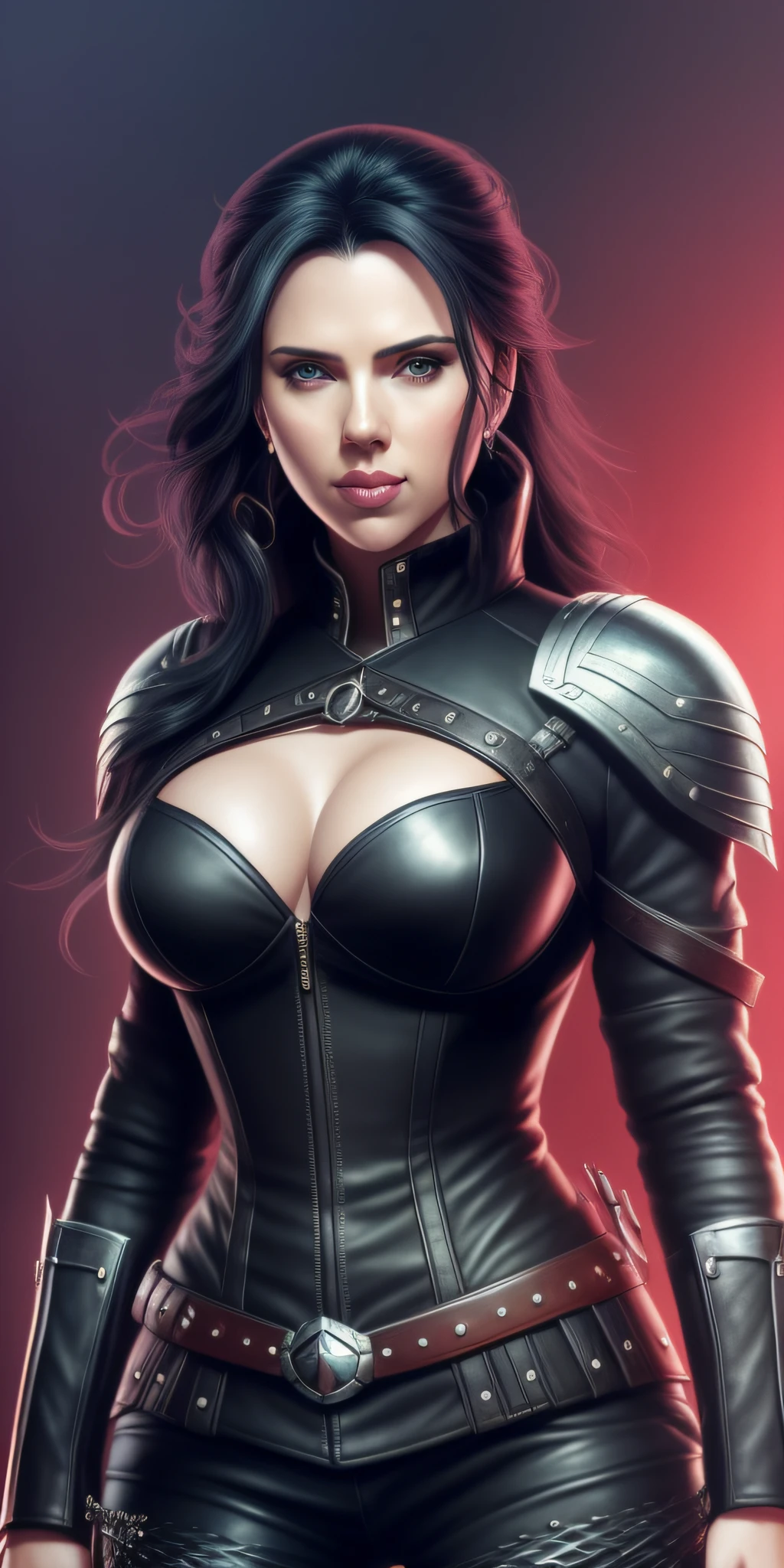 Scarlett Johansson 26 years old in a black outfit and leather pants posing for a photo, yennefer of vengerberg, dark fantasy character design, eve ventrue, yennefer, dark fantasy style art, medieval dark fantasy, stunning character art, intrinate costume design, very stylish fantasy armor, steampunk fantasy style, dark fantasy concept art, complex fantasy character, 8k, extreme details