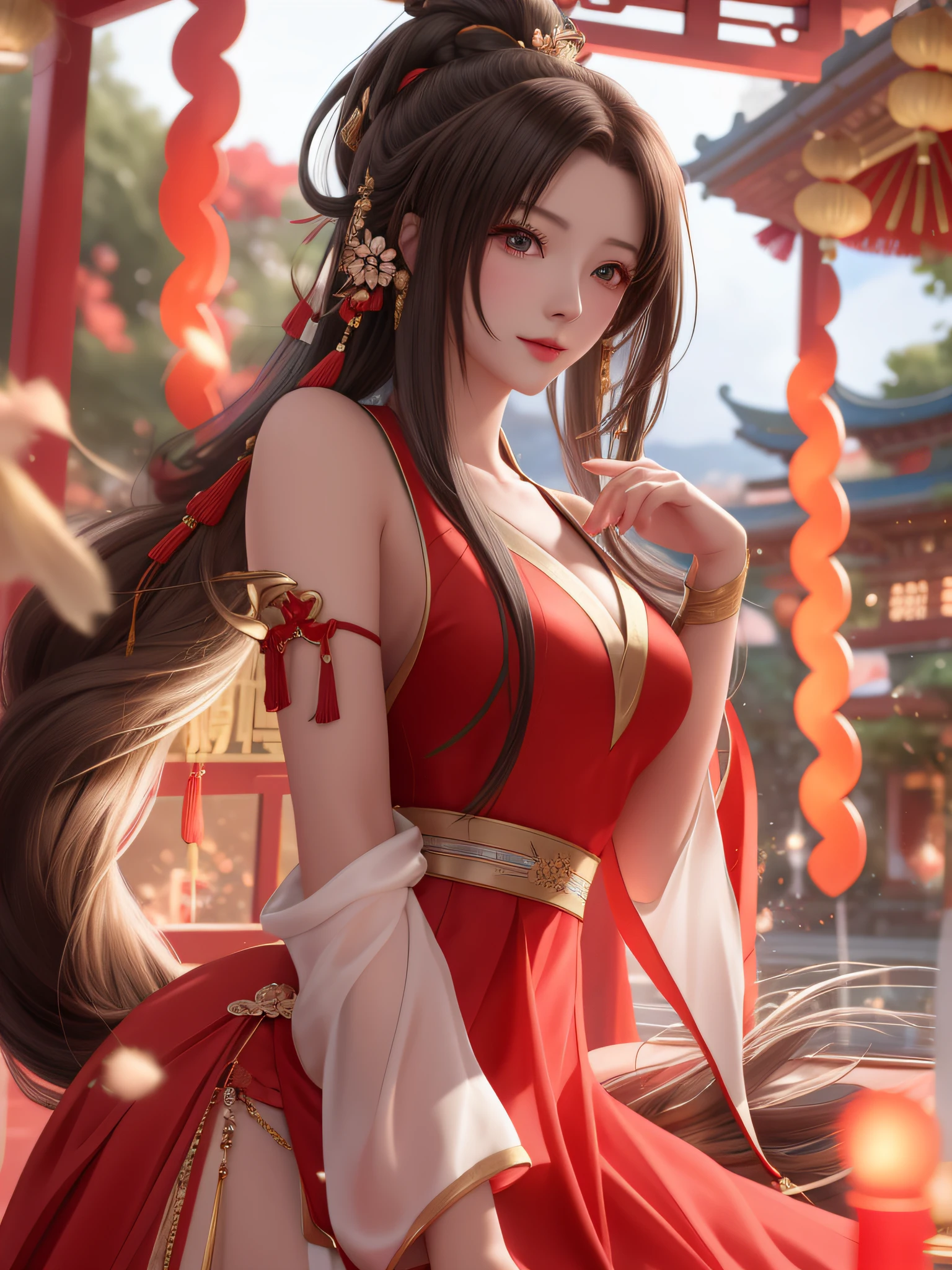 Close-up of a woman in a red dress posing for a photo, popular on cgstation, beautiful seductive anime woman, by Yang J, beautiful character painting, trend in cgstation, palace, a girl in Hanfu, anime girl with long hair, beautiful anime woman, chinese style, chinese girl, guvez, beautiful anime girl, 8k, ultra clear, exquisite